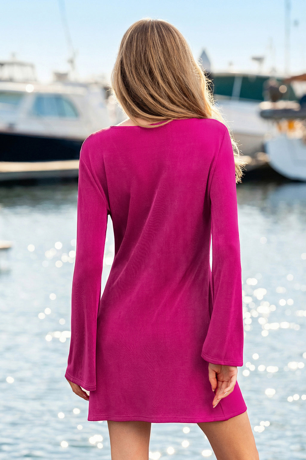 Magentafarbenes Tiefer Ausschnitt Langarm-Strick-Strandkleid