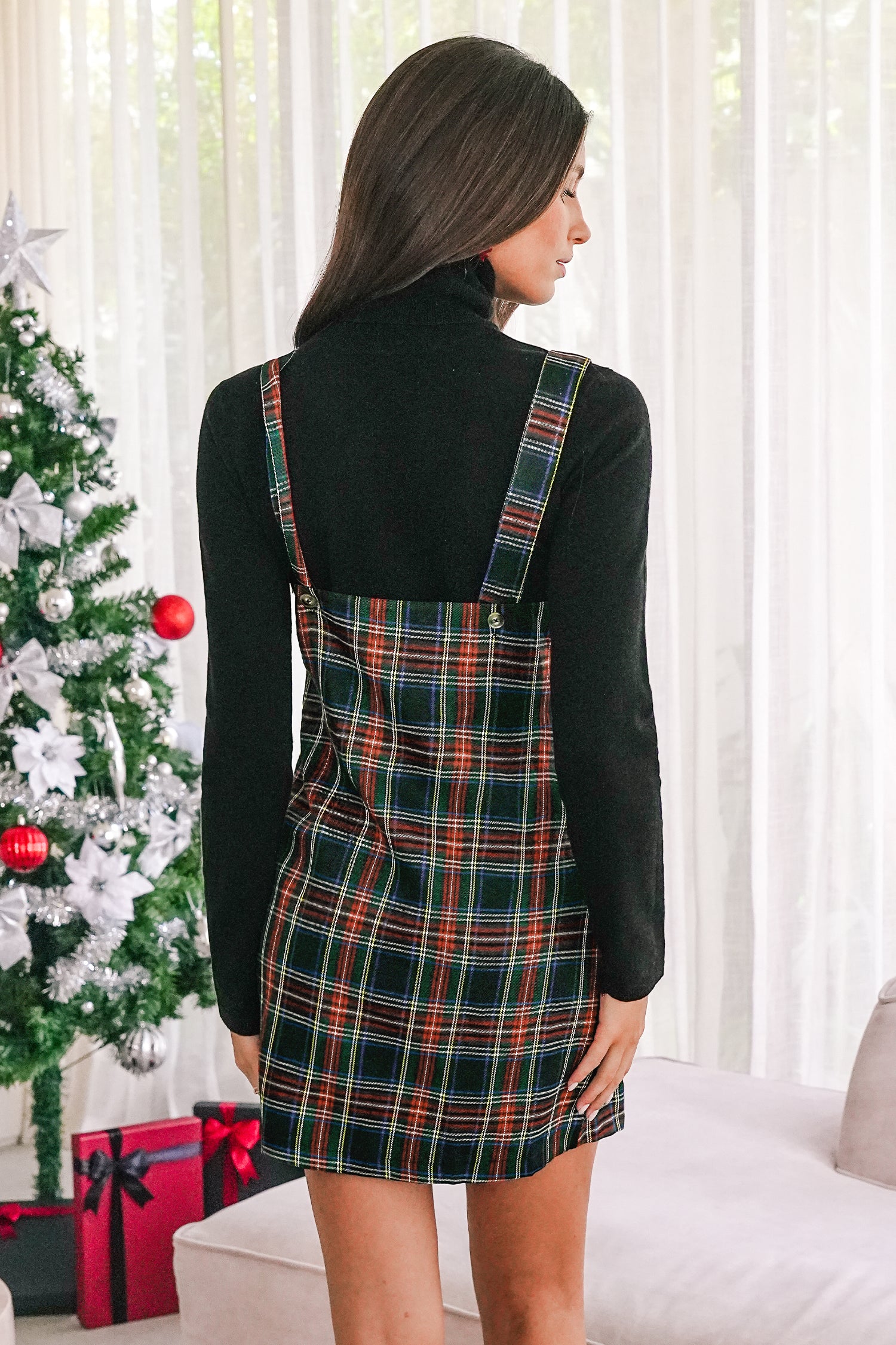 Rotes Kariertes Quadratischer Ausschnitt Mini-Latzkleid