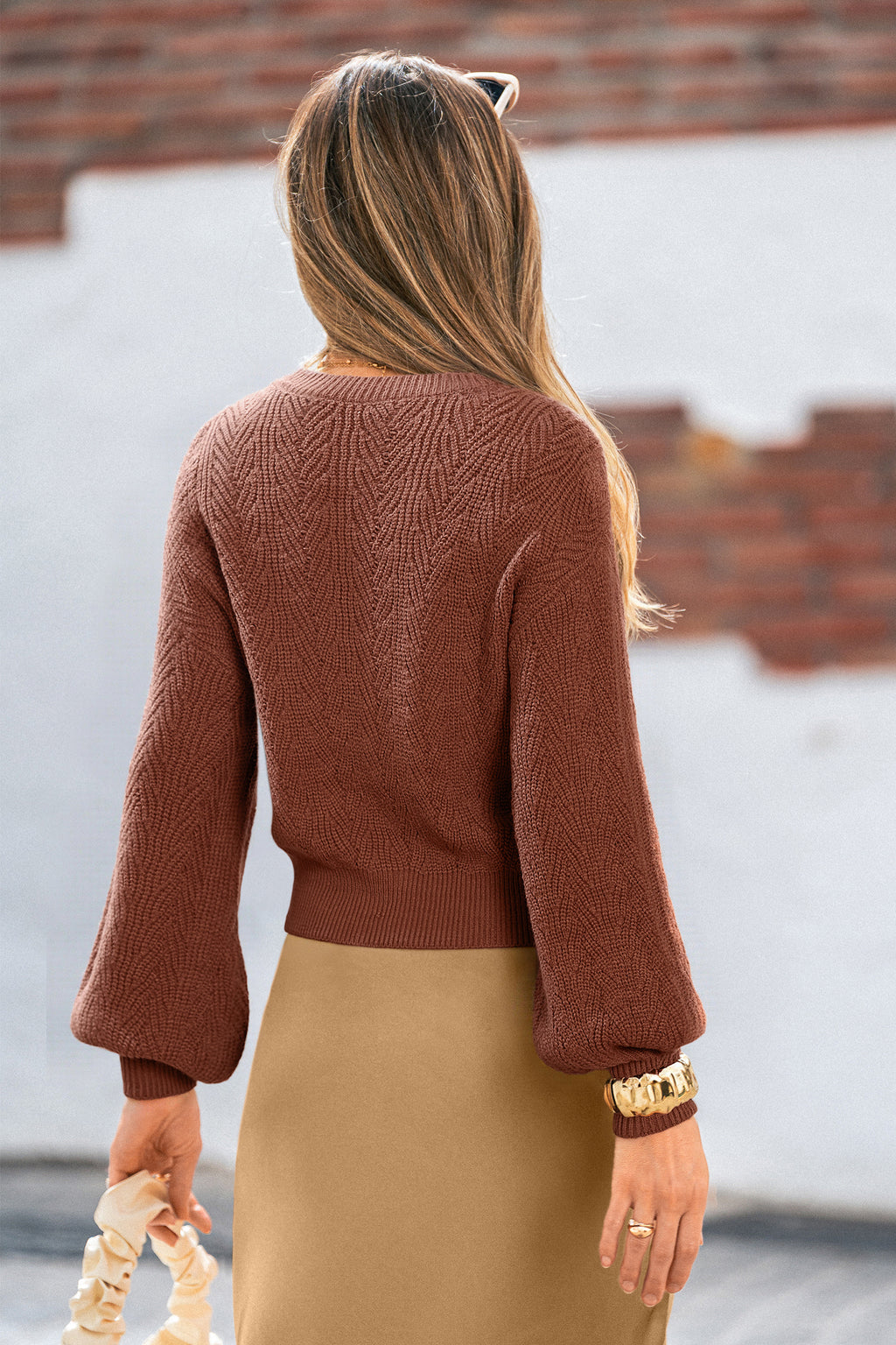 Brauner Rundhals Langärmeliger Pullover