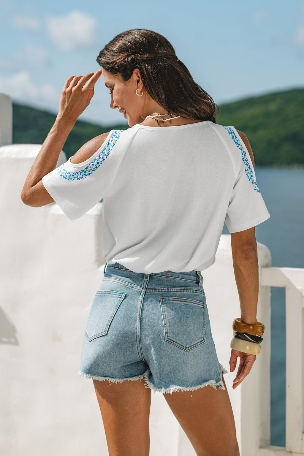 Rundhals Kurzarm Top mit Ornament-Muster
