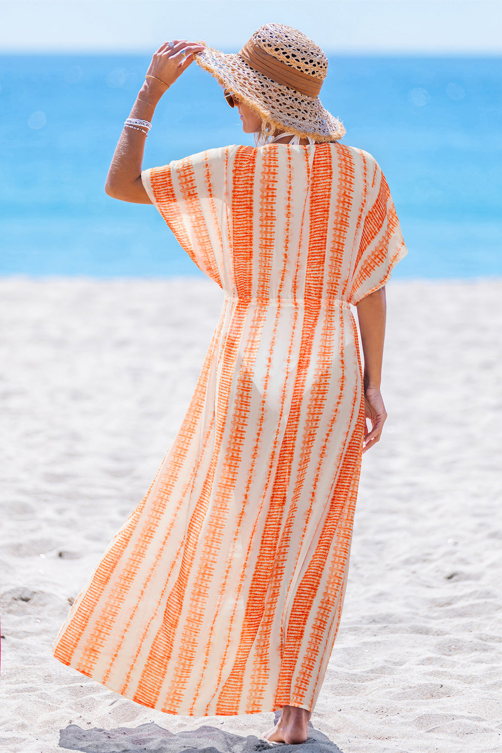 Orange Gestreiftes Tiefer Ausschnitt Maxi-Strandkleid