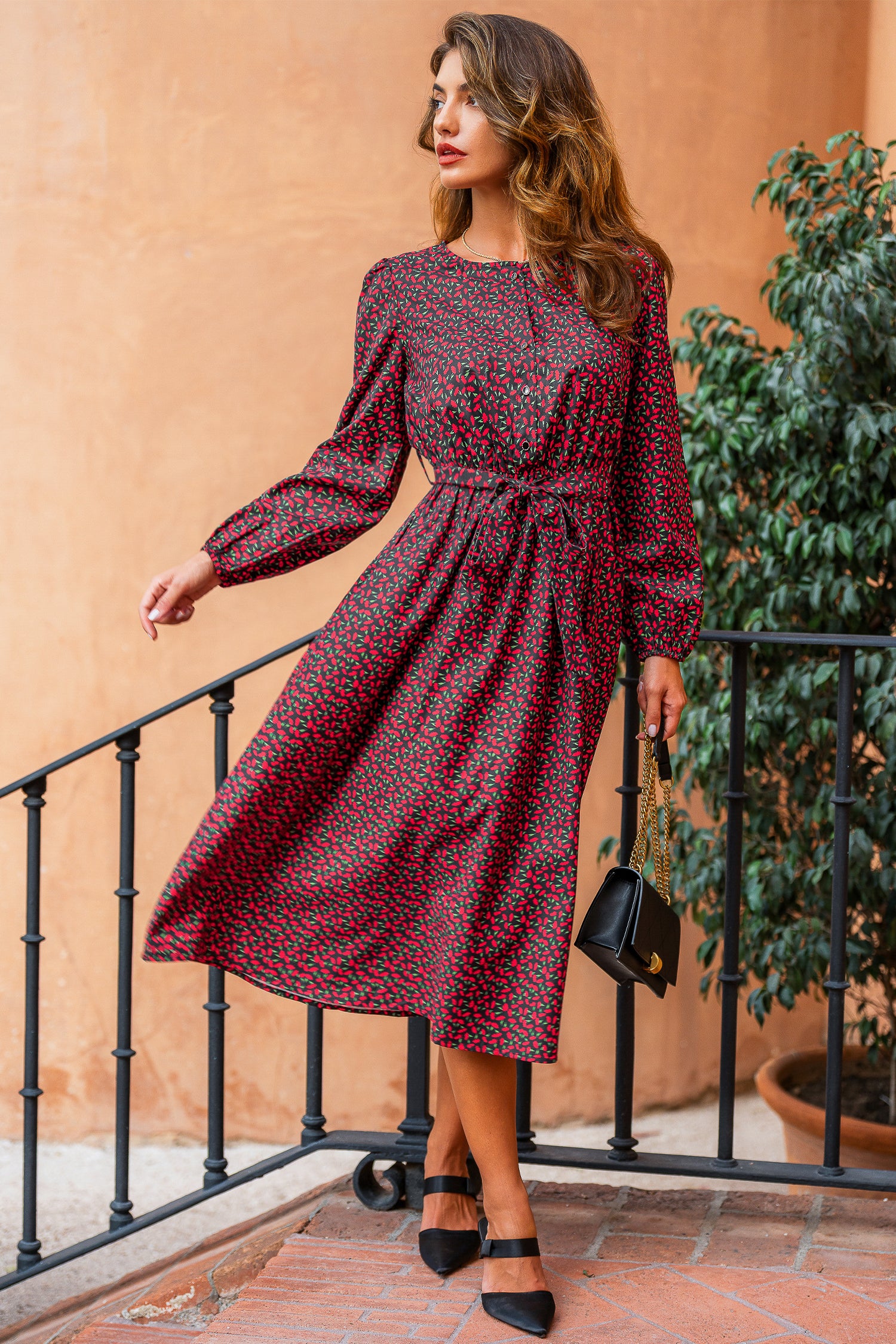 Rotes Lange Ärmel Midikleid mit Taillengürtel