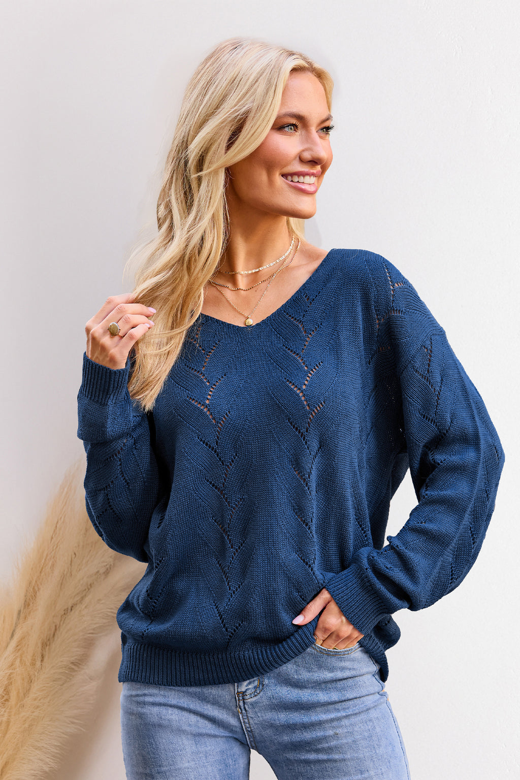 Blauer V-Ausschnitt Langarmpullover