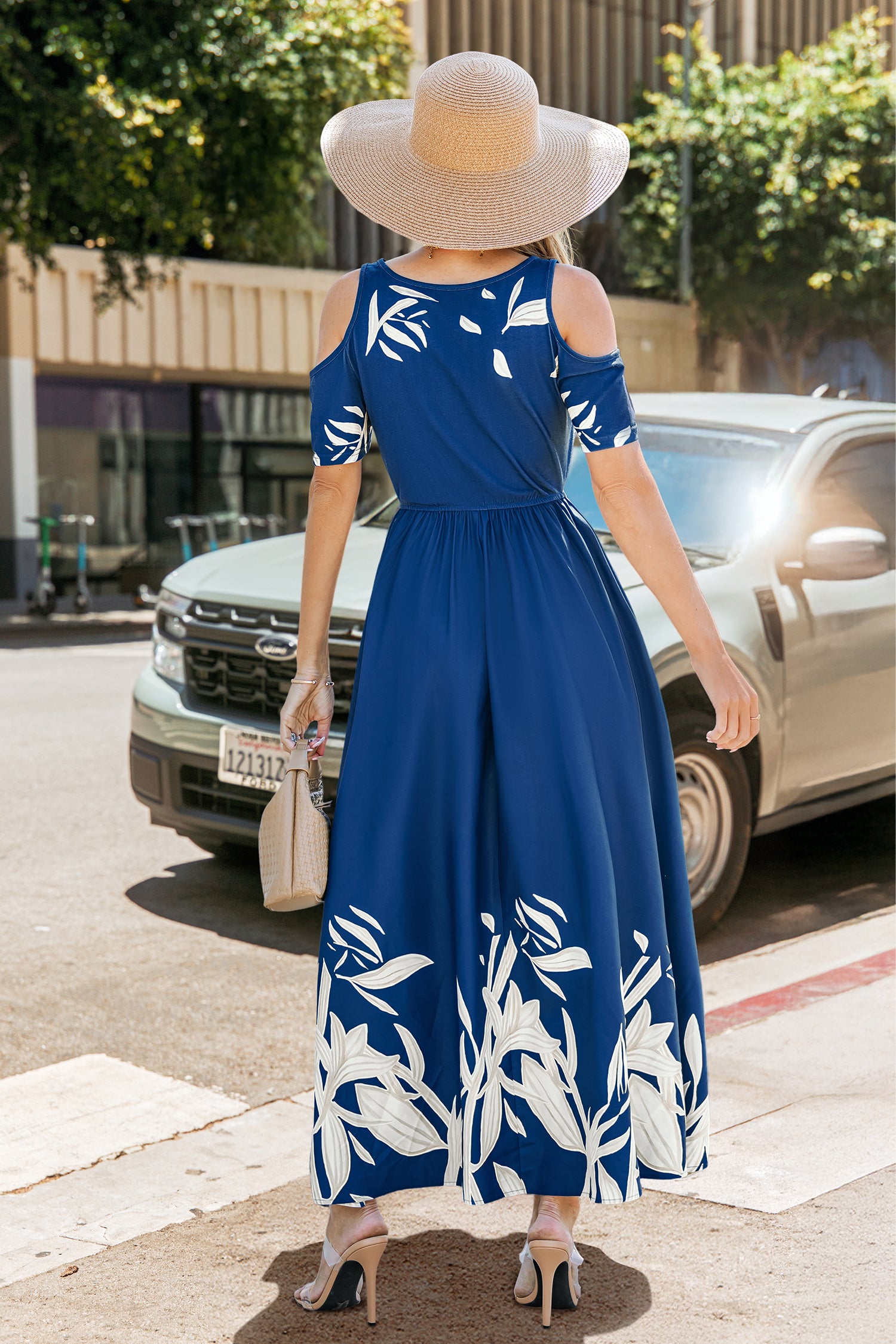 Blaues Blumiges Kurzarm Maxikleid