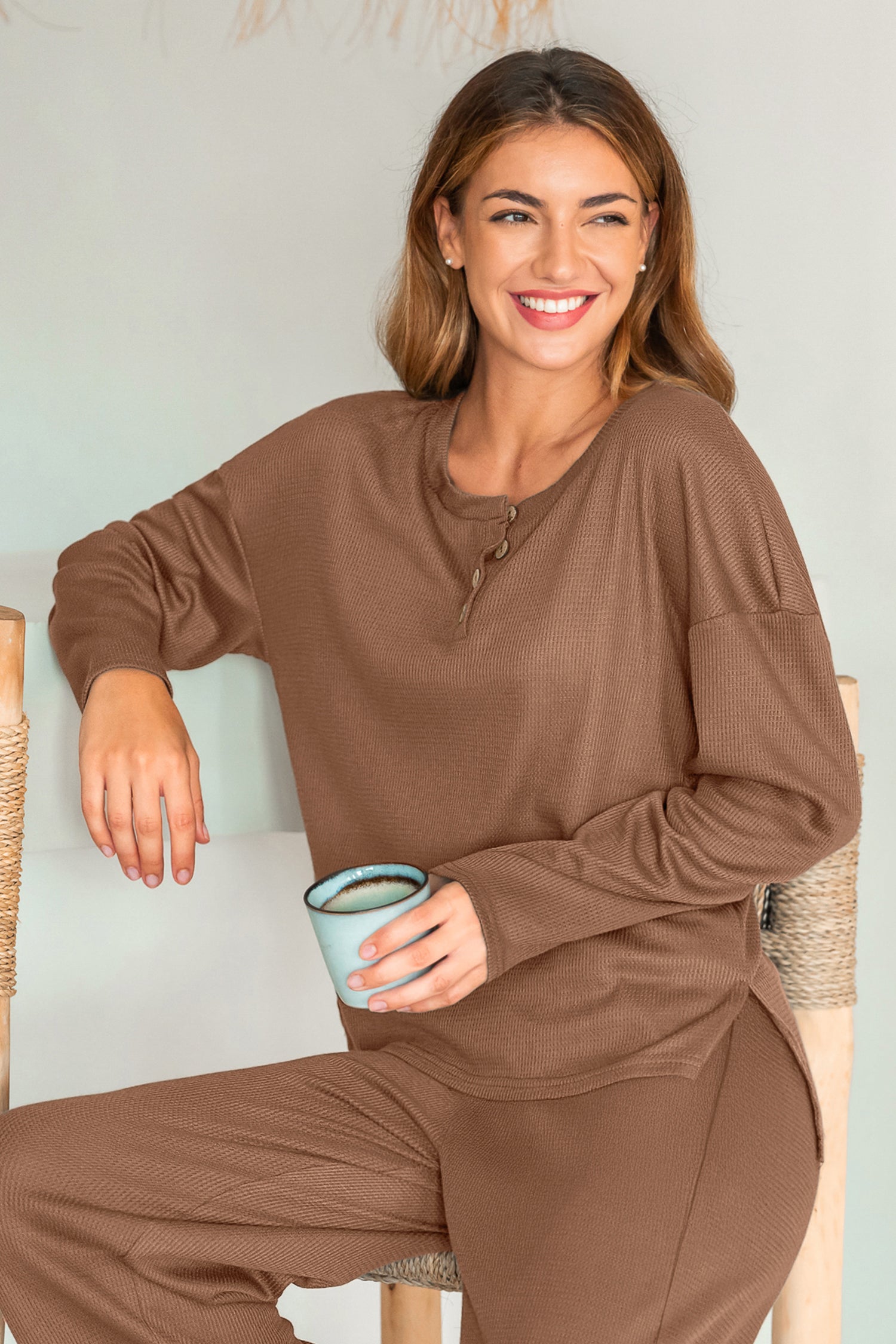 Braunes Rundhals Langarm Pyjama-Set