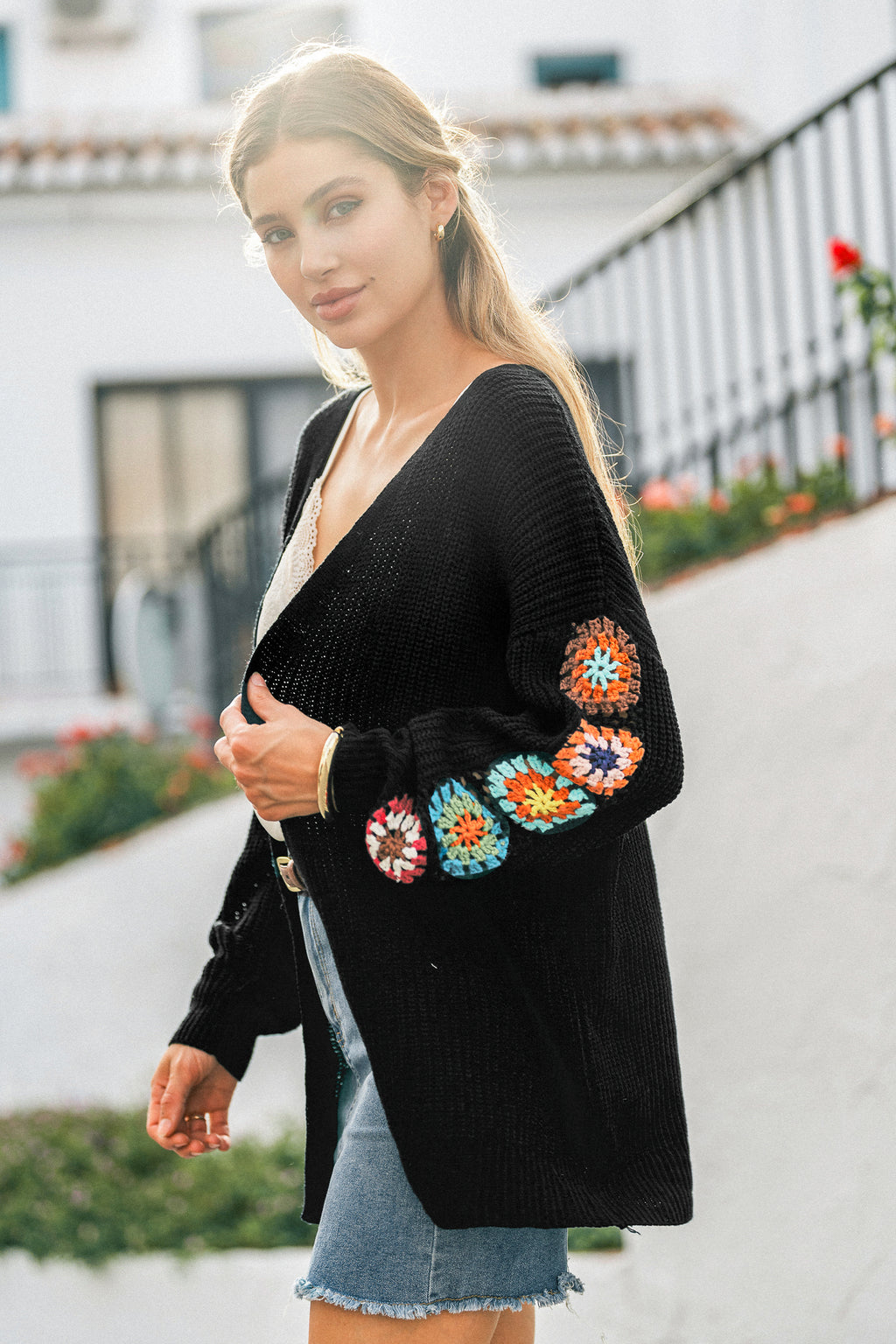 Schwarze Lange Ärmel V-Ausschnitt Strickjacke