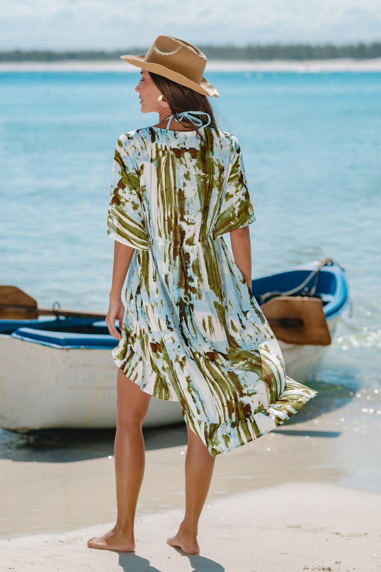 Strand-Kimono mit tiefem Ausschnitt und halben Ärmeln
