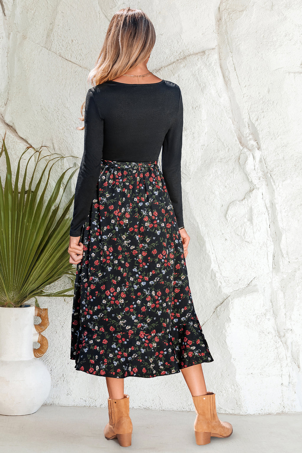 Lange Ärmel Quadratischer Ausschnitt Midikleid mit Taillengürtel