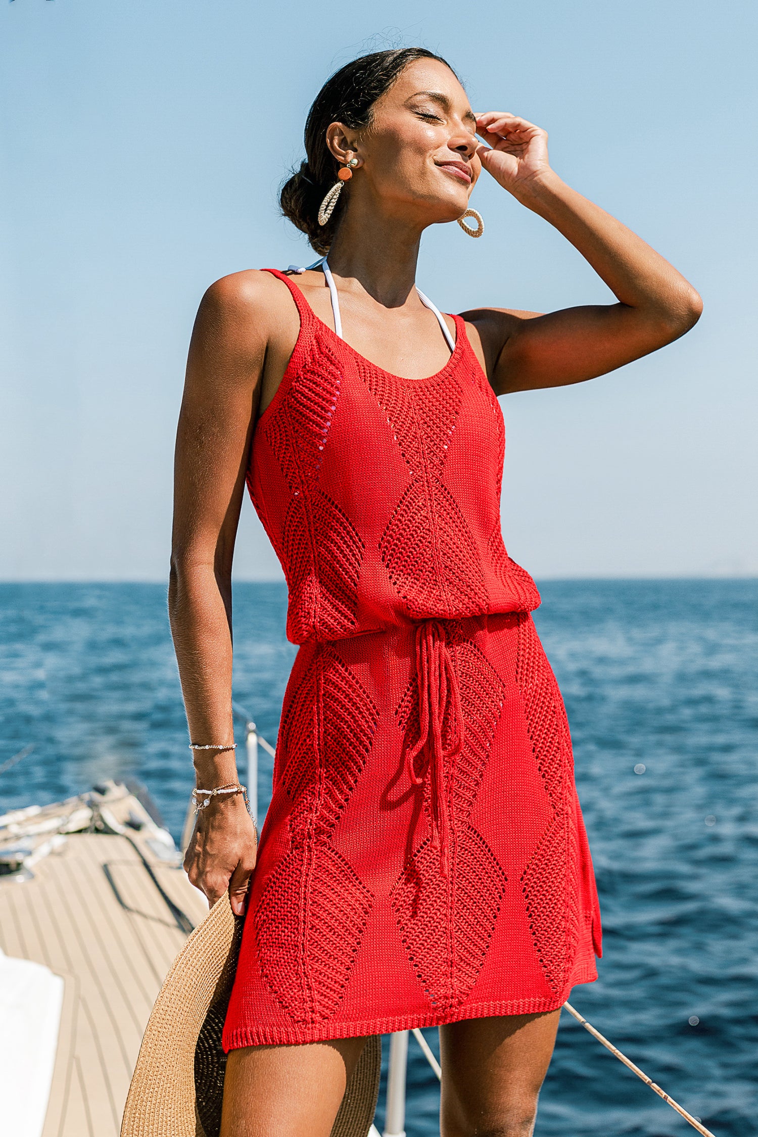 Rotes V-Ausschnitt Mini-Strick-Strandkleid
