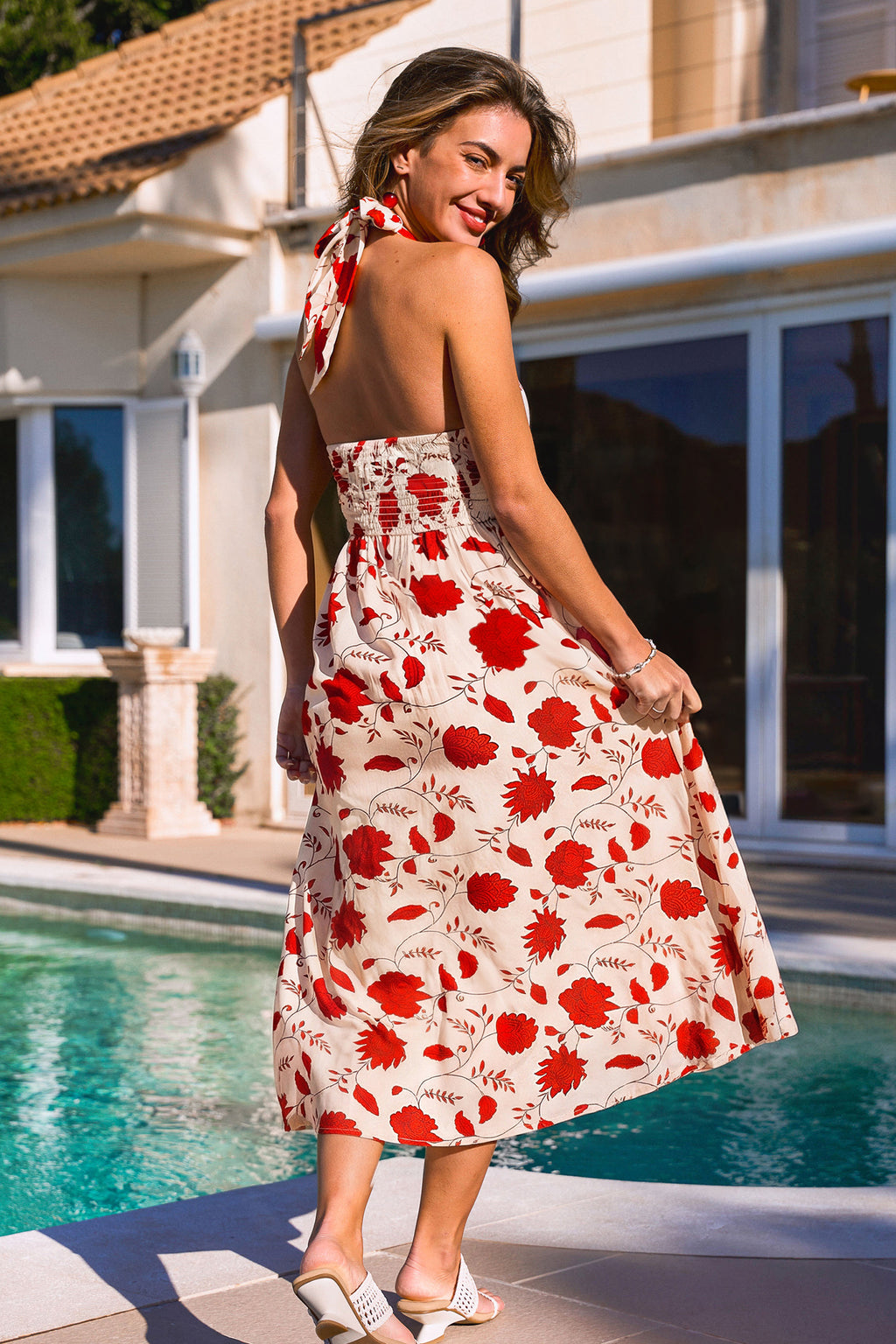 Rotes Geblümtes Tiefer Ausschnitt Midi-Strandkleid