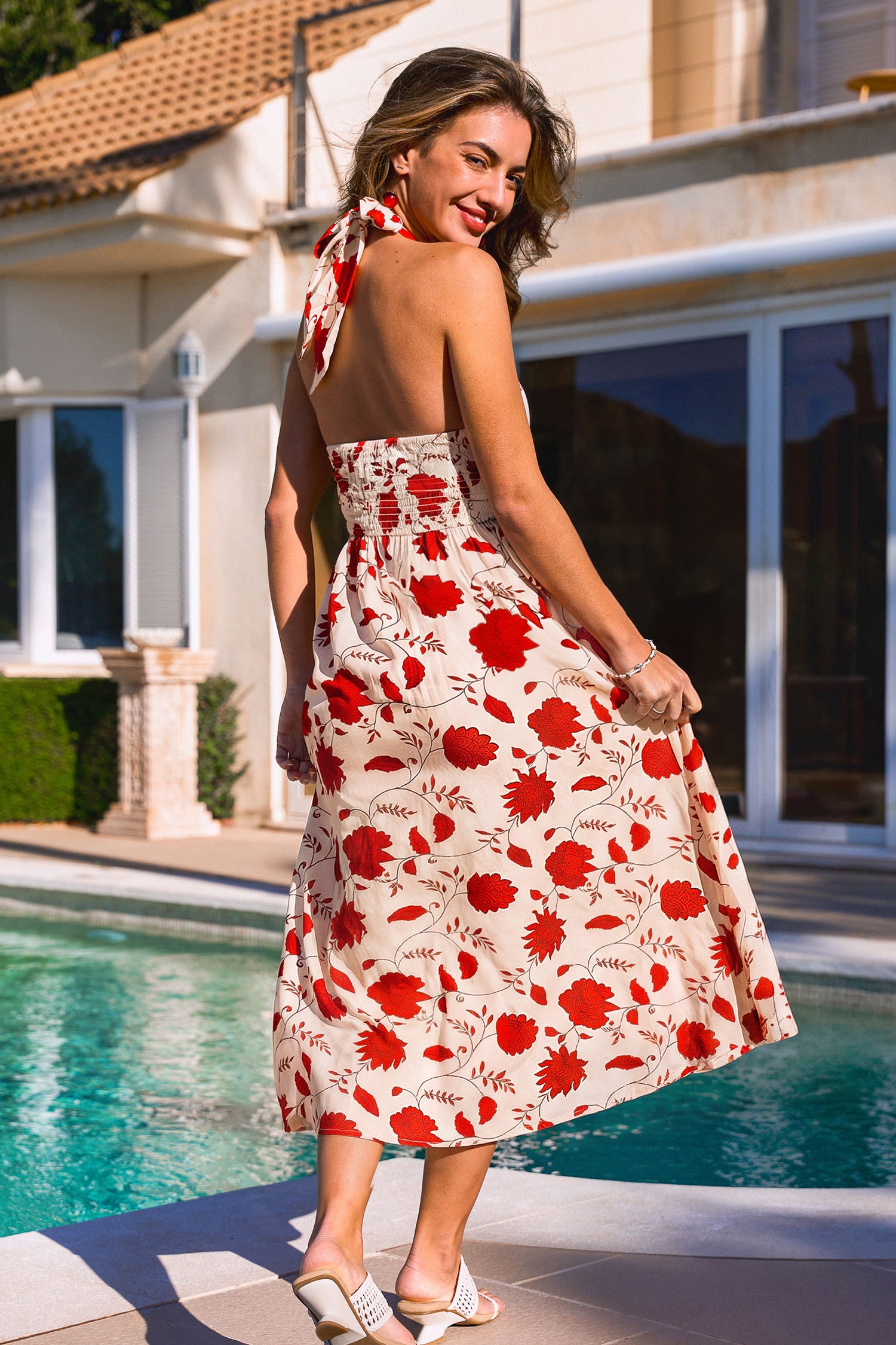Rotes Geblümtes Tiefer Ausschnitt Midi-Strandkleid