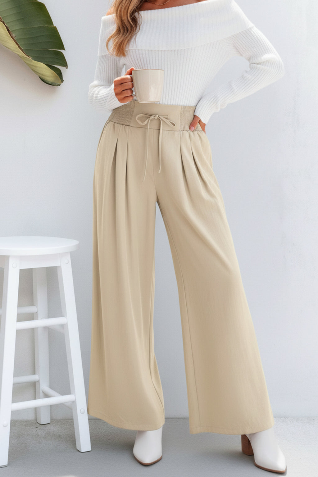 Beige Gesmokter Bund Hose mit Kordelzug