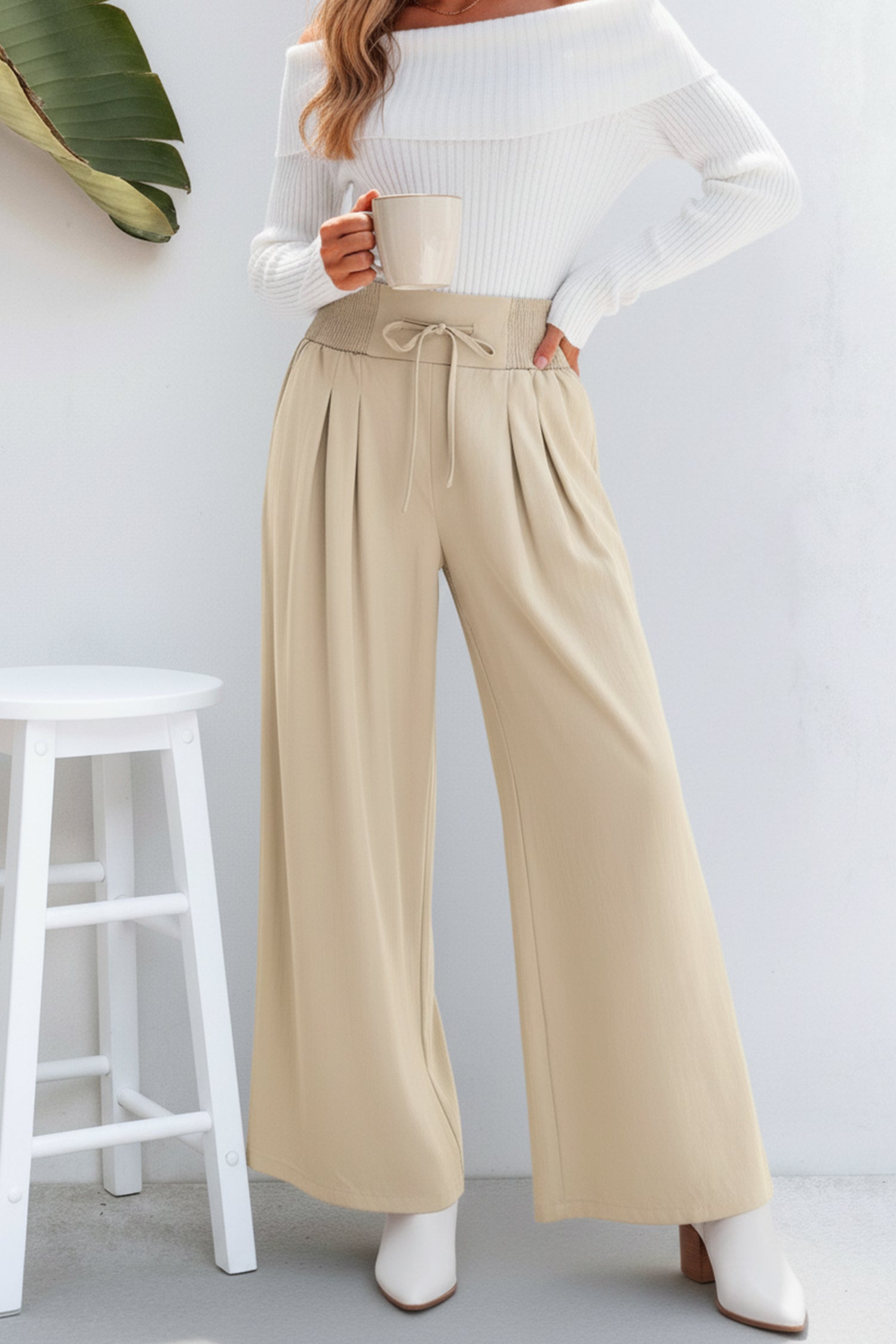 Beige Gesmokter Bund Hose mit Kordelzug
