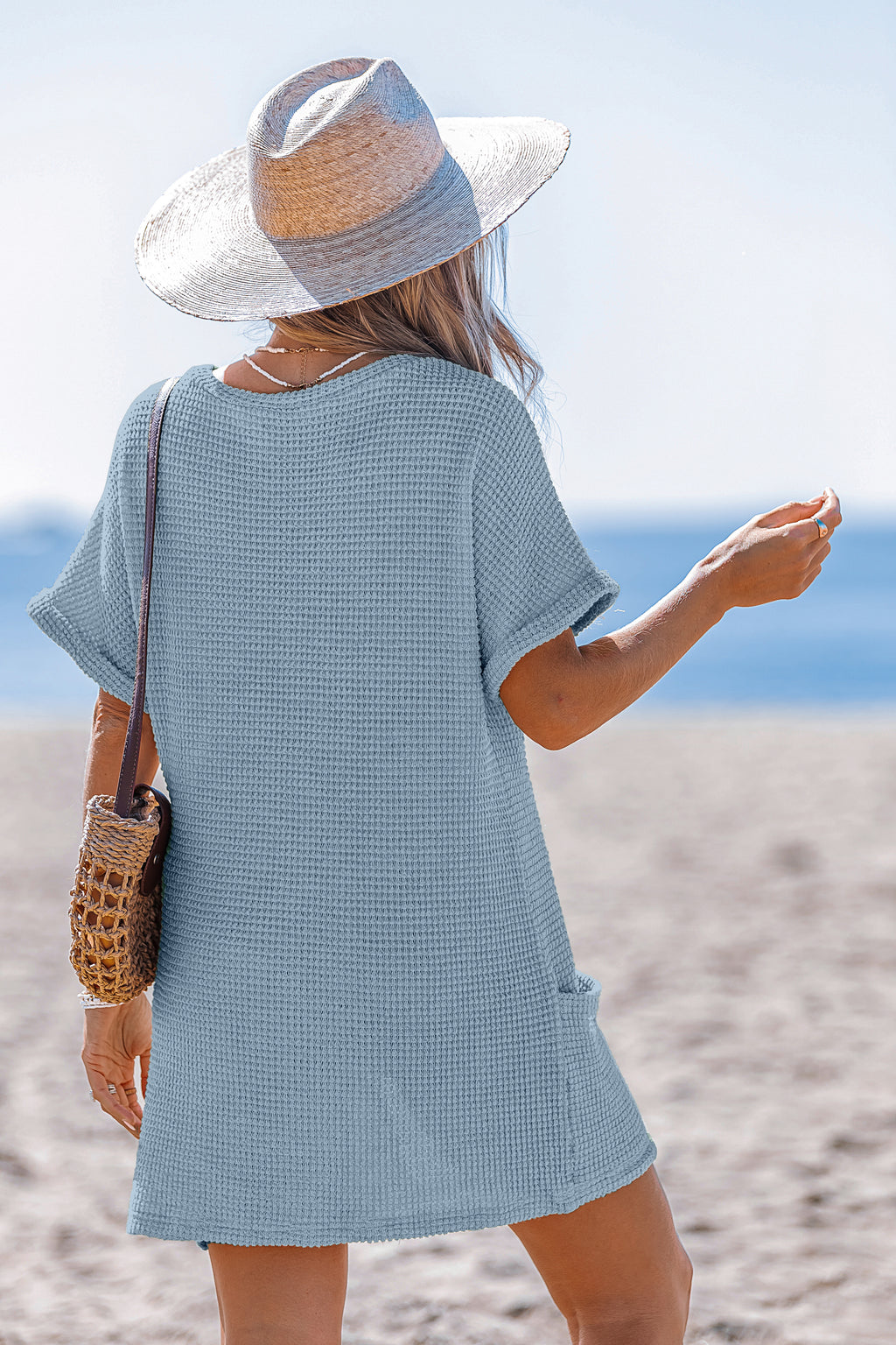 Blaues Kurzarm V-Ausschnitt Mini-Strandkleid