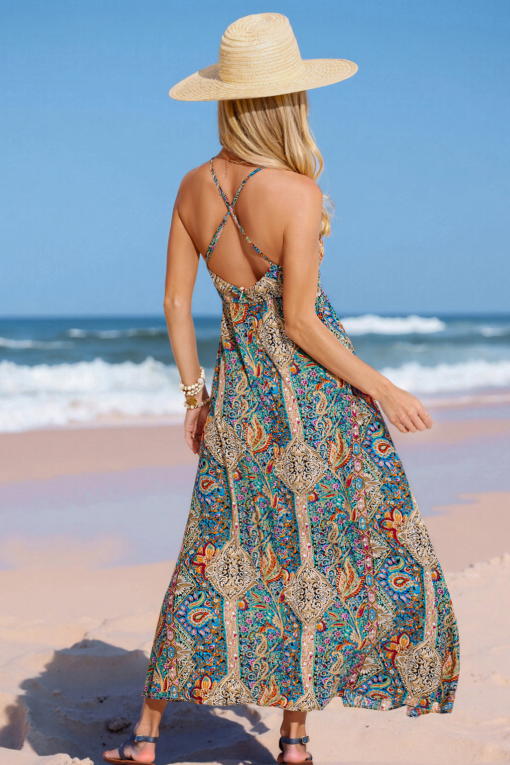 Boho-Paisley-Maxikleid mit tiefem Ausschnitt