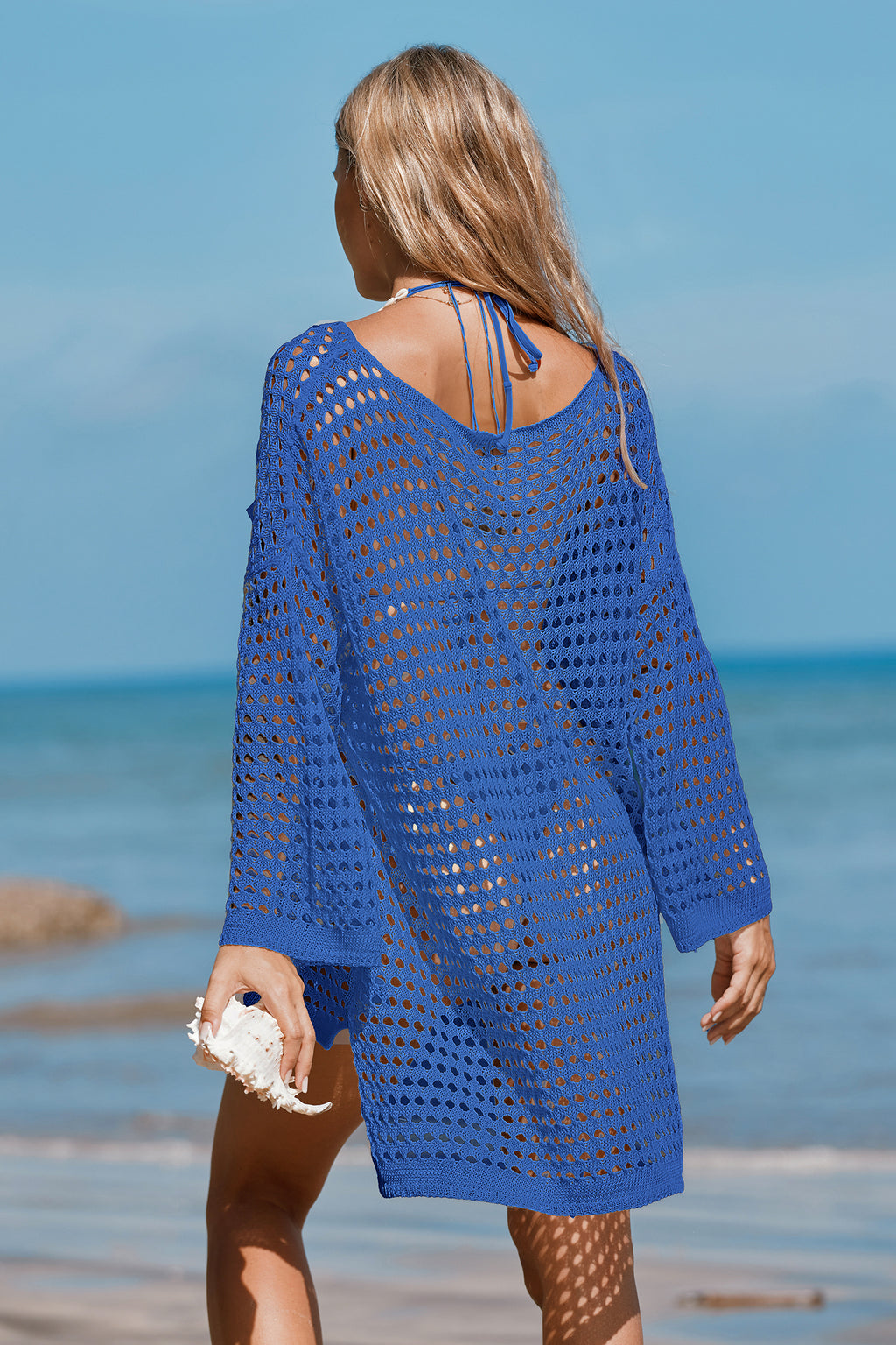 Blaues Langarm Strick-Strand-Top