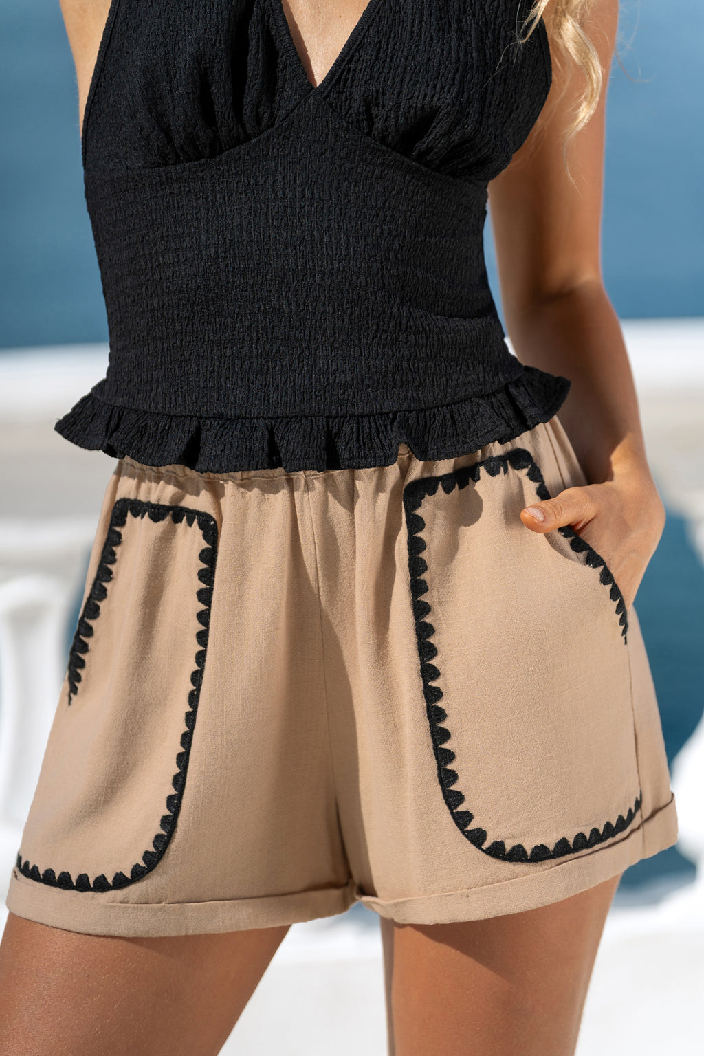 Khakifarbene Elastischer Bund Shorts