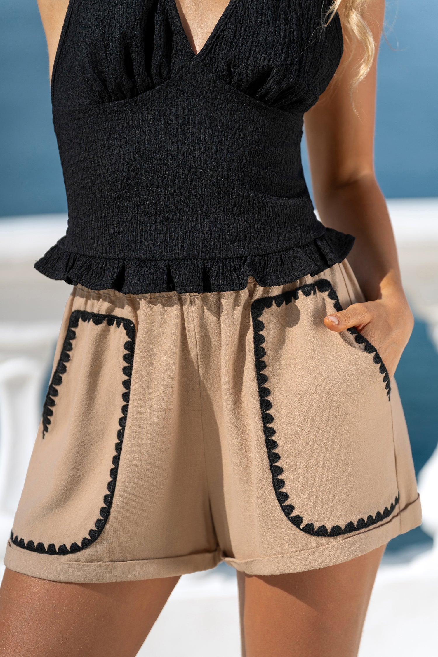 Khakifarbene Elastischer Bund Shorts