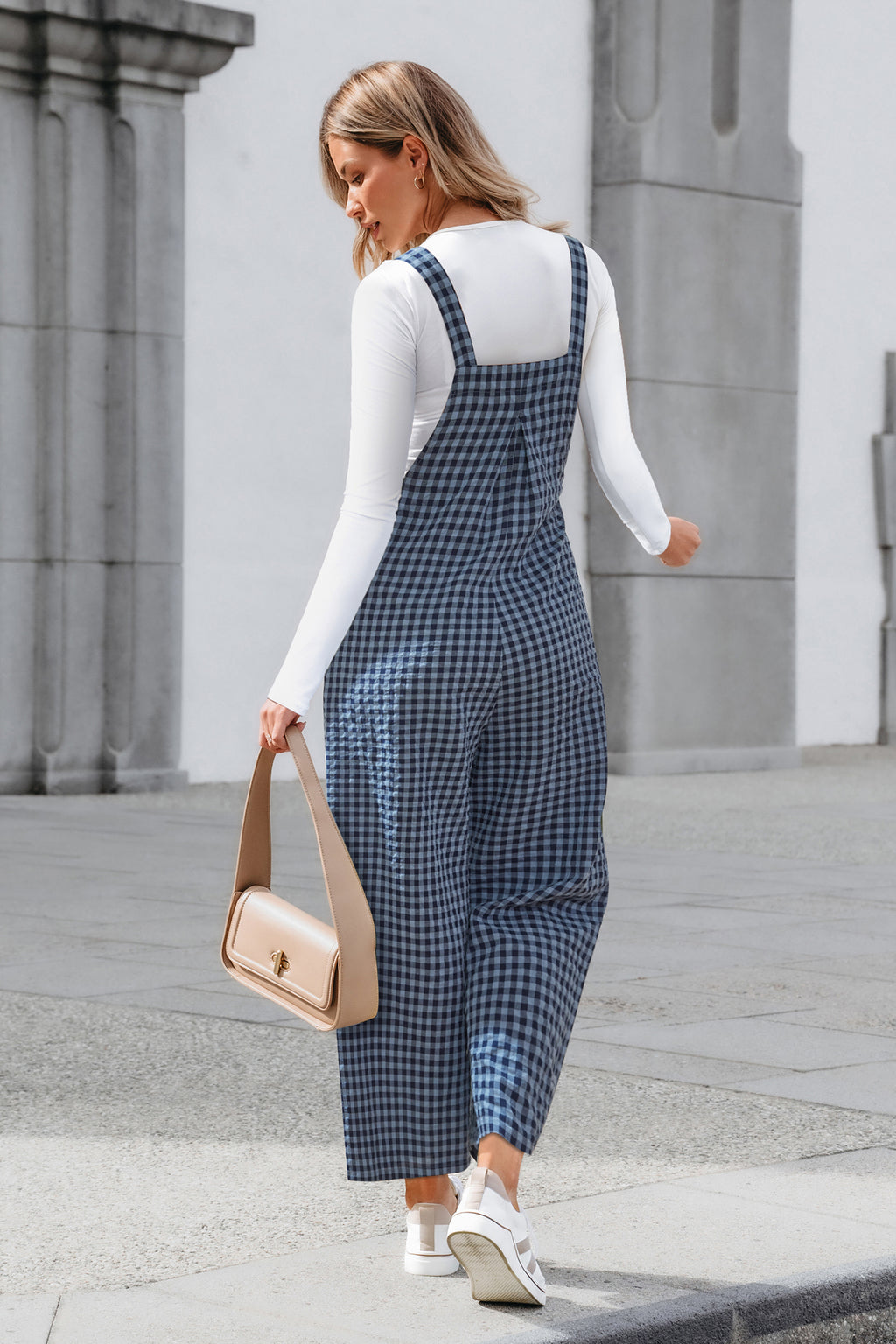 Karierter Ärmelloser Quadratischer Ausschnitt Jumpsuit