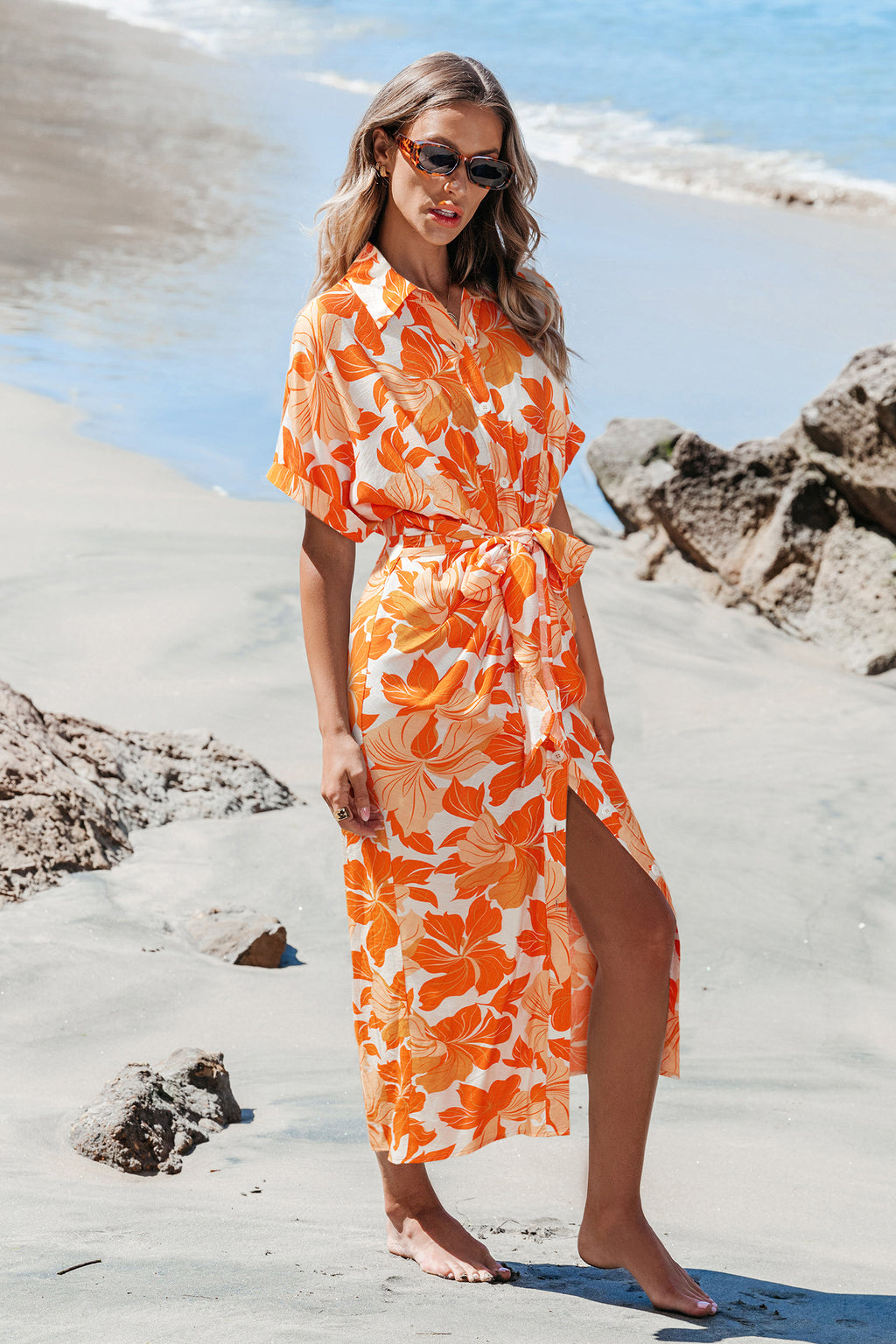 Orange Kurzarm Maxi-Blusenkleid