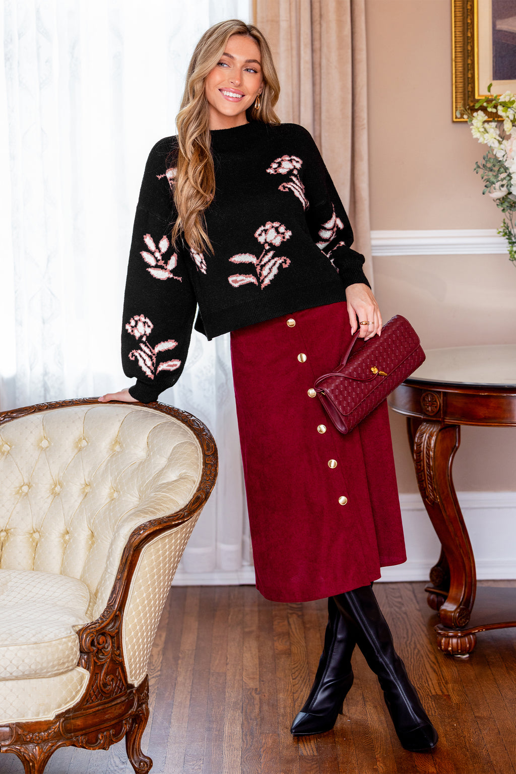 Schwarzer Geblümter Rundhals Pullover
