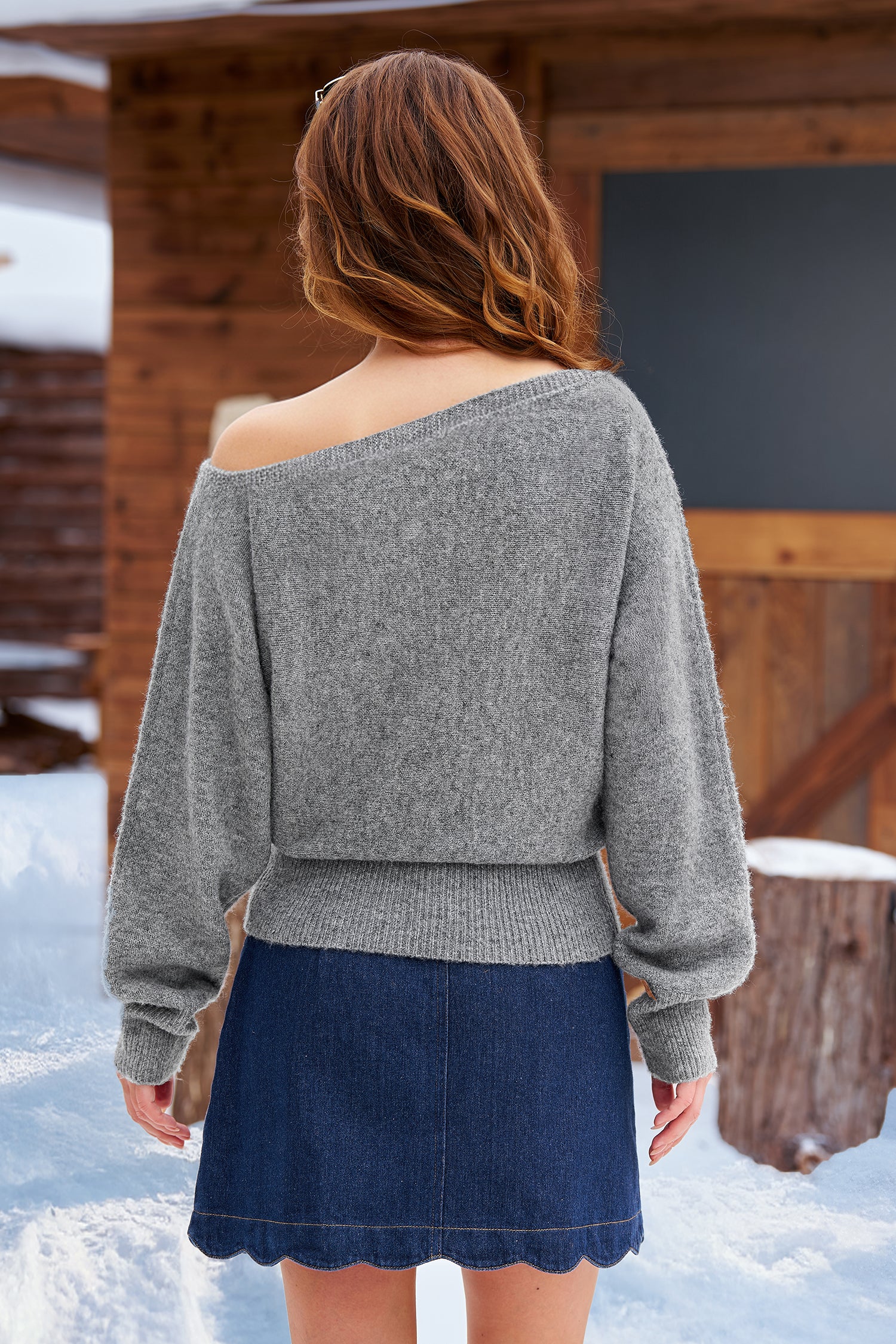 Grauer Bootsausschnitt Geraffte Taille Pullover