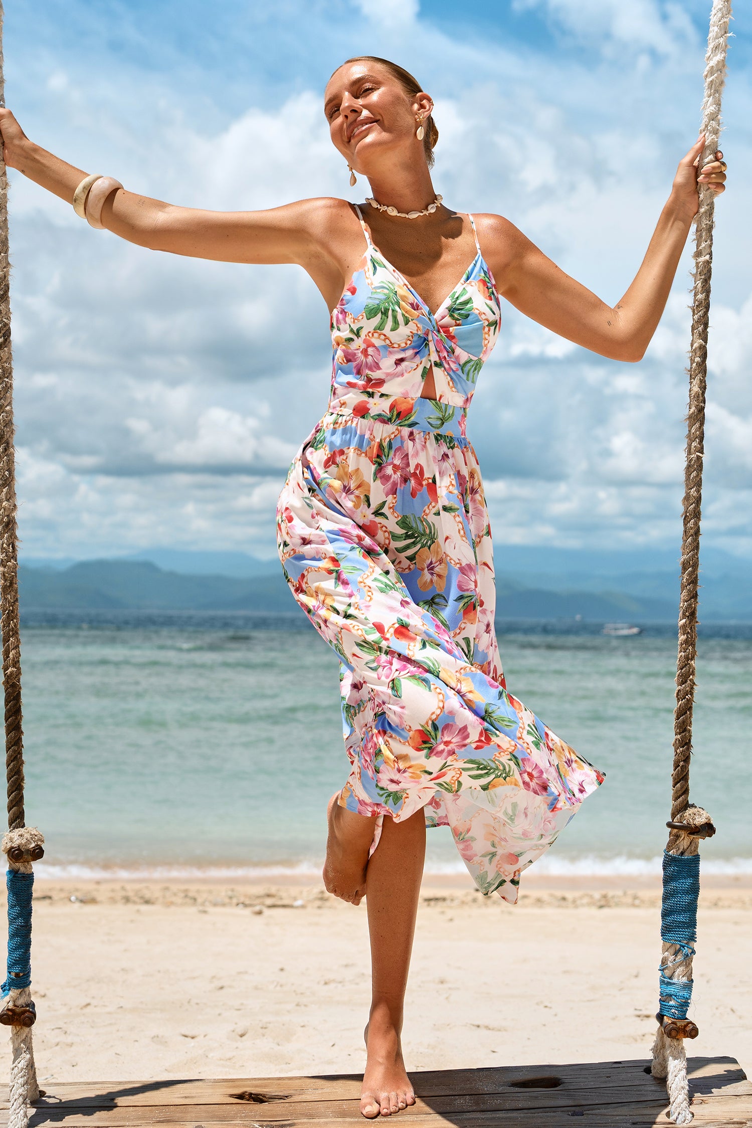 Tropisches Ärmelloses Cut-out Maxikleid