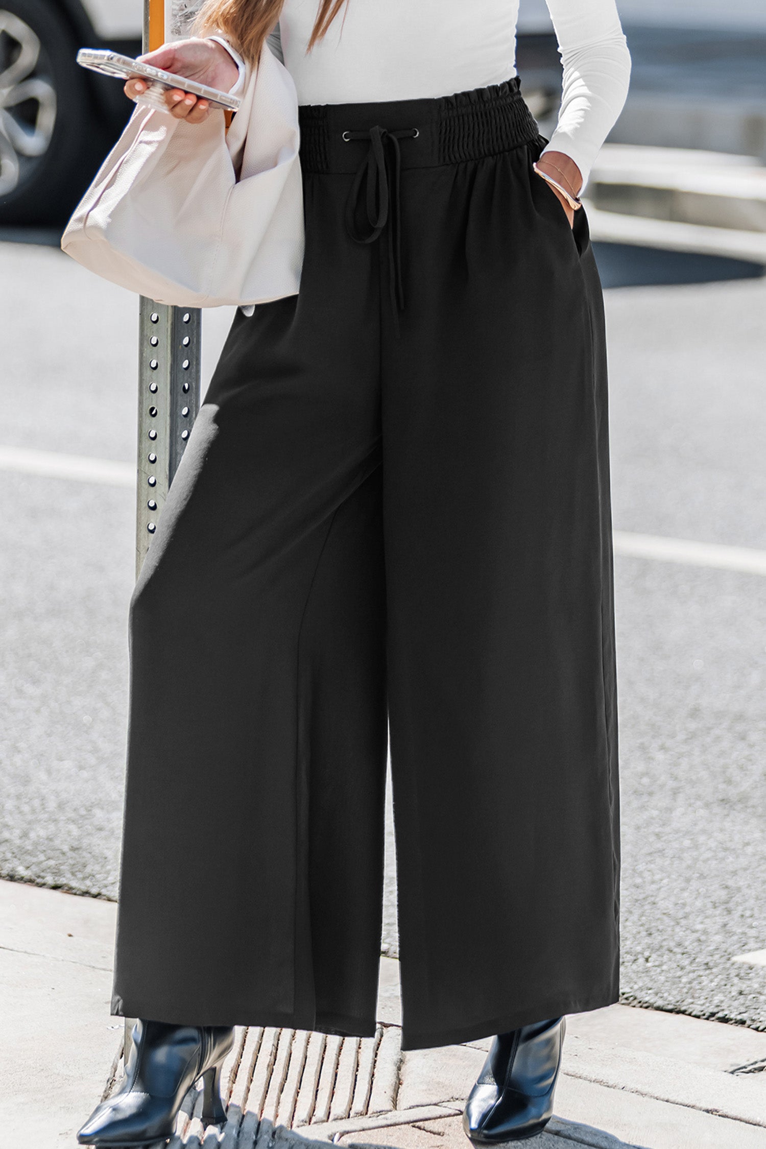 Schwarze Gesmokter Bund Hose mit Kordelzug