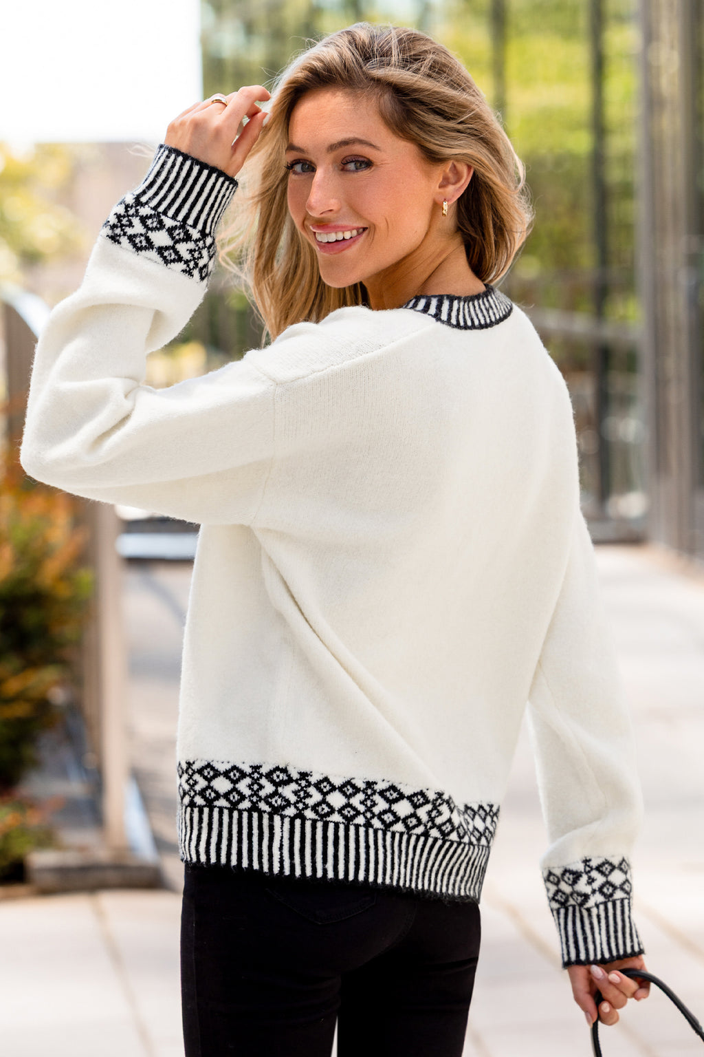 Weißer Rundhals Lange Ärmel Pullover