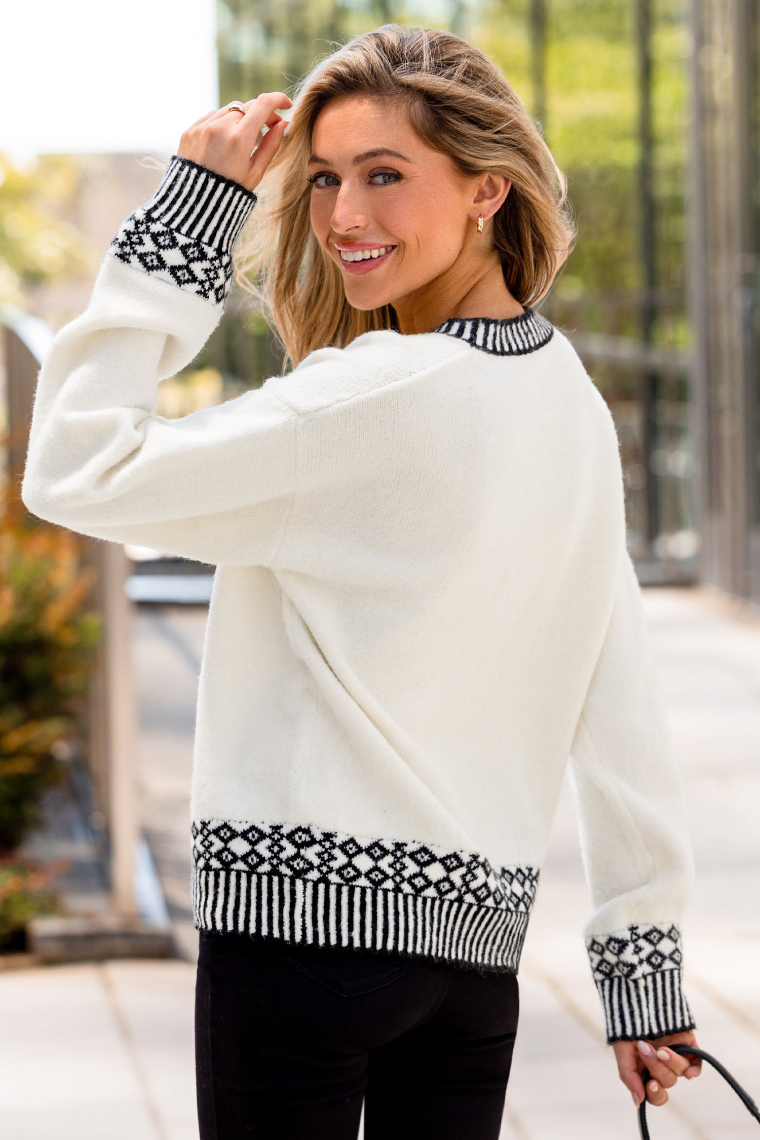 Weißer Rundhals Lange Ärmel Pullover