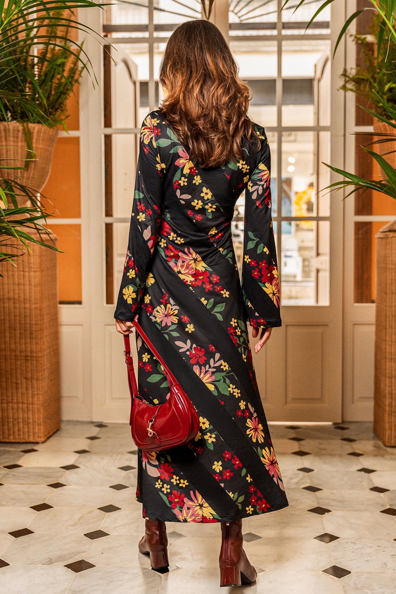 Schwarzes Geblümtes Lange Ärmel Maxikleid