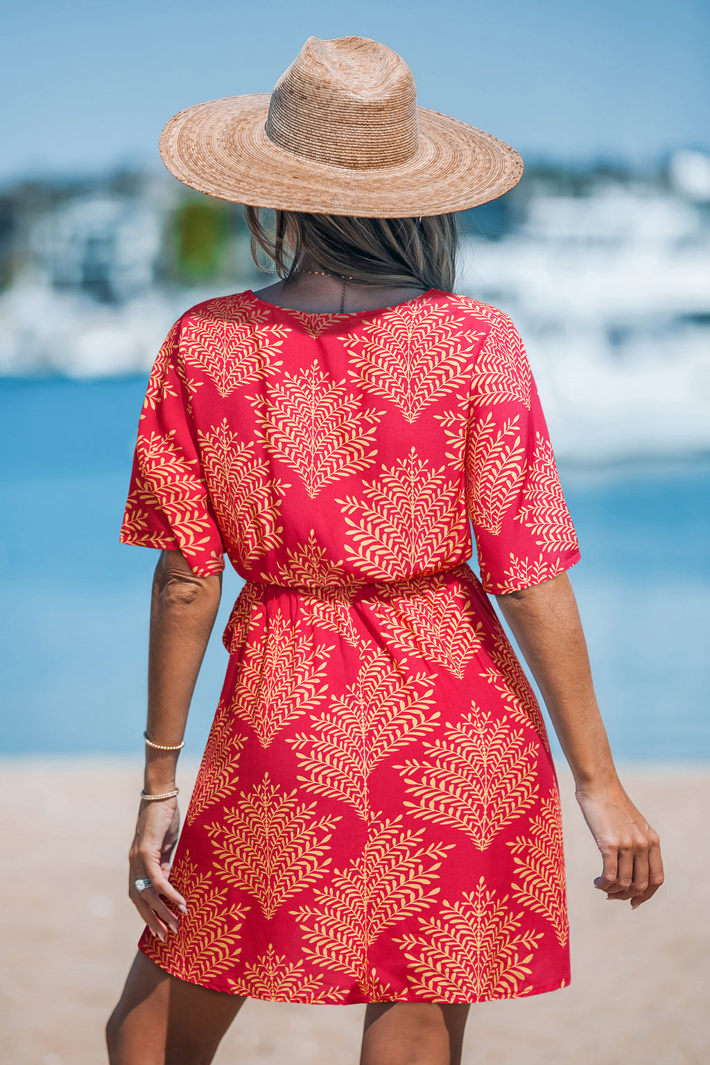 Rot Tropisches Kurzarm Mini-Strandkleid in Wickeloptik