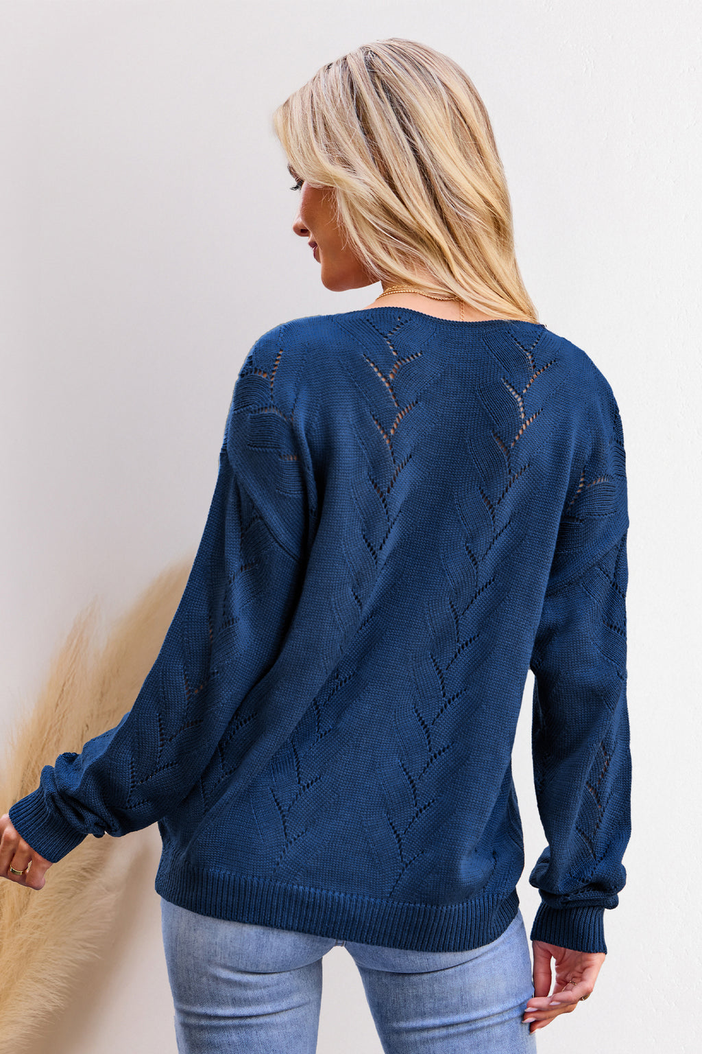 Blauer V-Ausschnitt Langarmpullover
