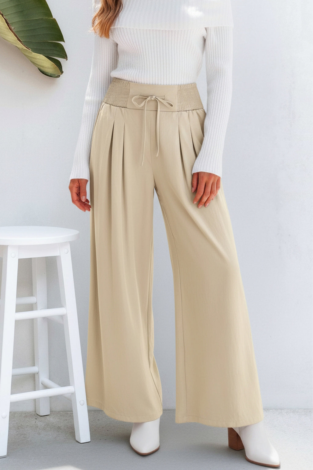 Beige Gesmokter Bund Hose mit Kordelzug