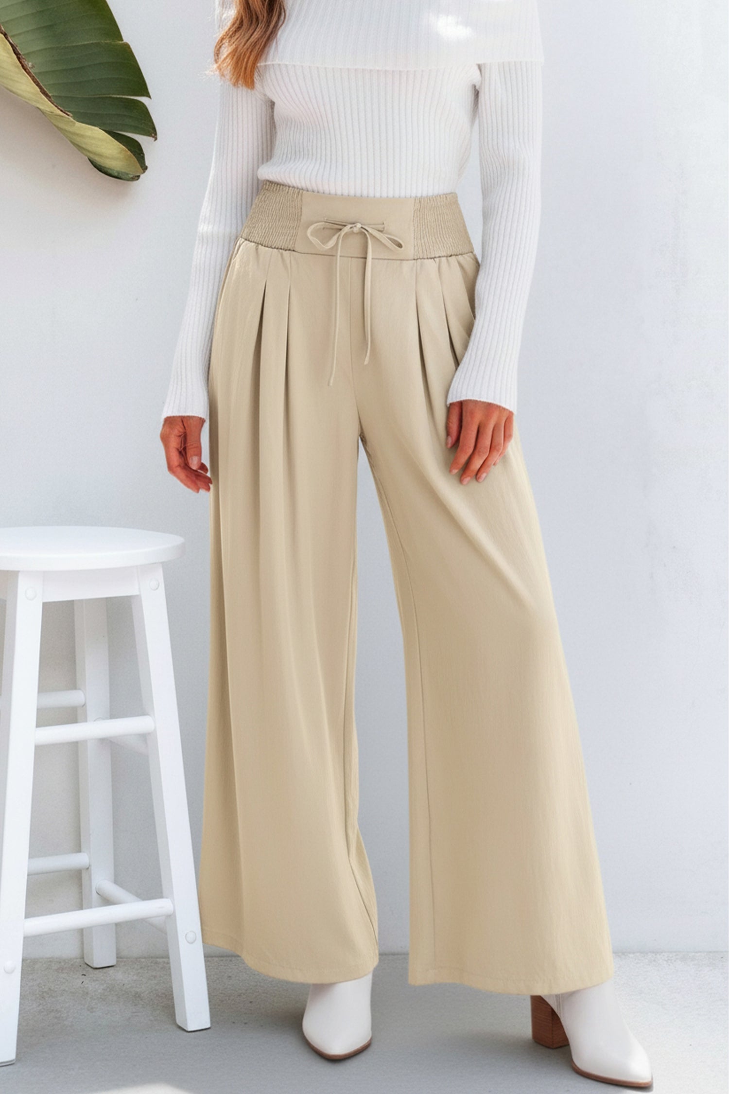 Beige Gesmokter Bund Hose mit Kordelzug