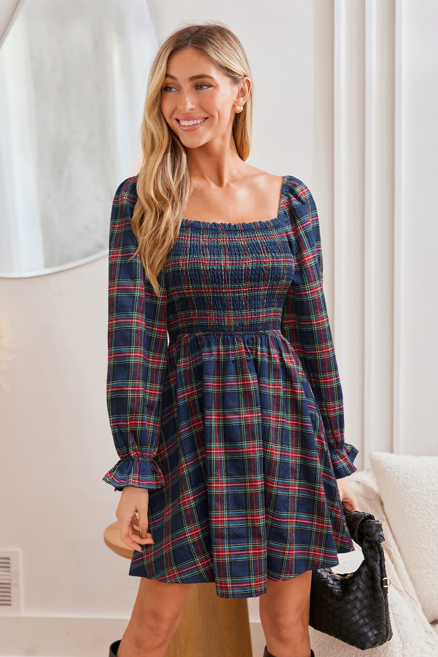 Kariertes Quadratischer Ausschnitt Lange Ärmel Minikleid