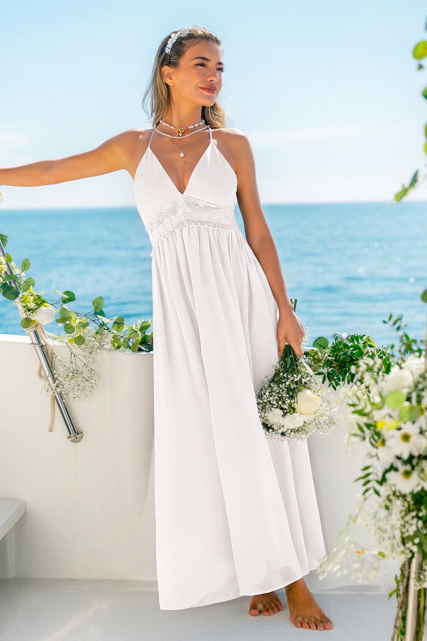 Weißes Tiefer Ausschnitt Maxi-Abendkleid
