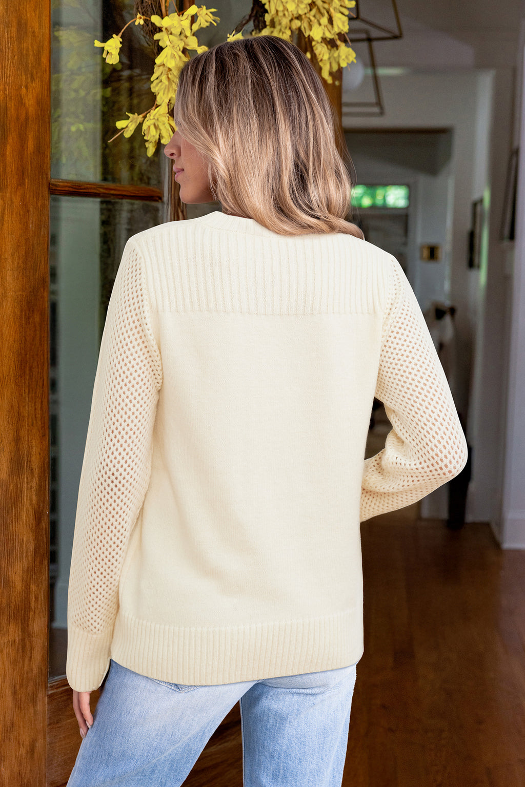 Weißer Lange Ärmel Rundhals Strick-Pullover