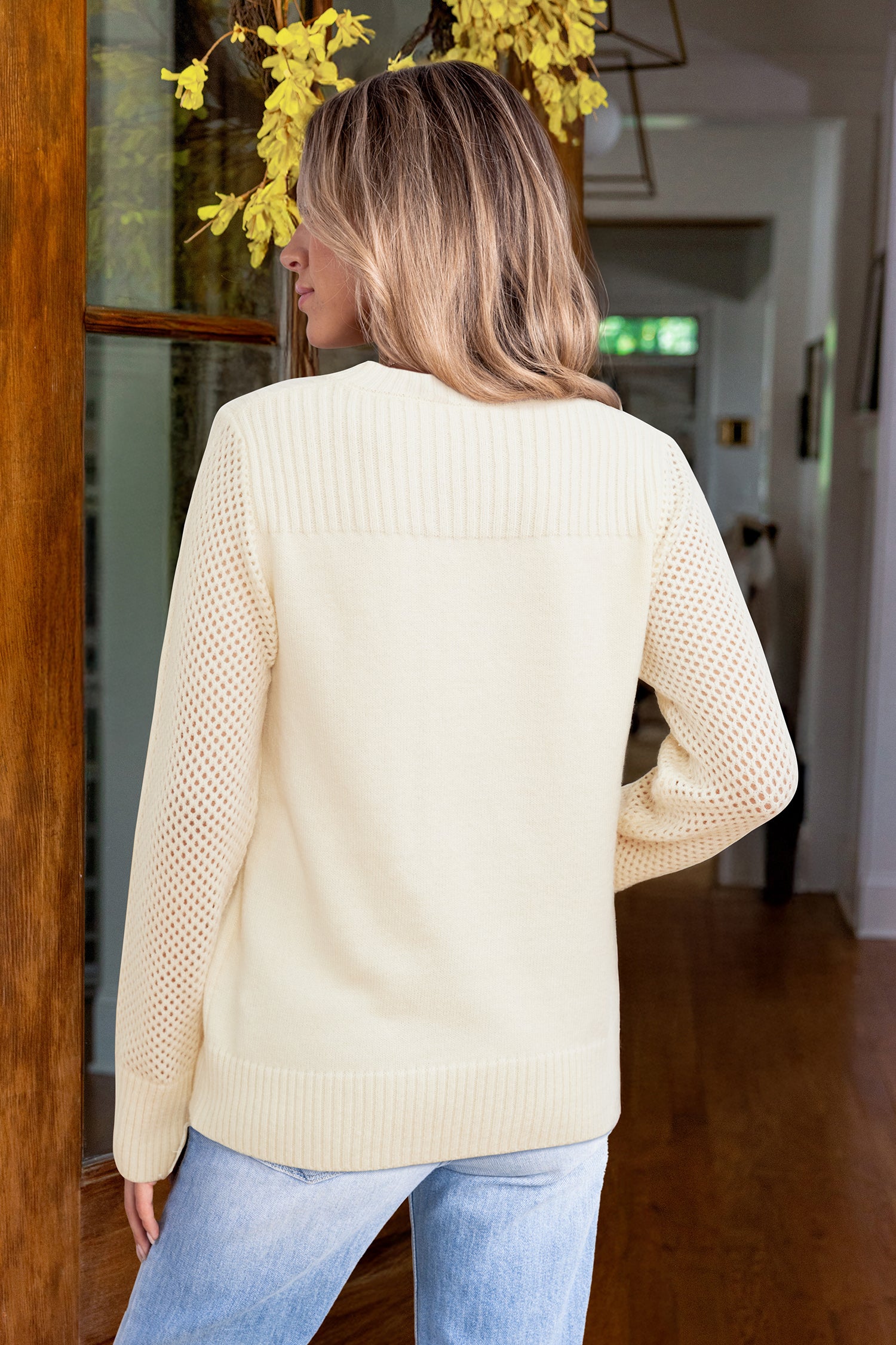 Weißer Lange Ärmel Rundhals Strick-Pullover