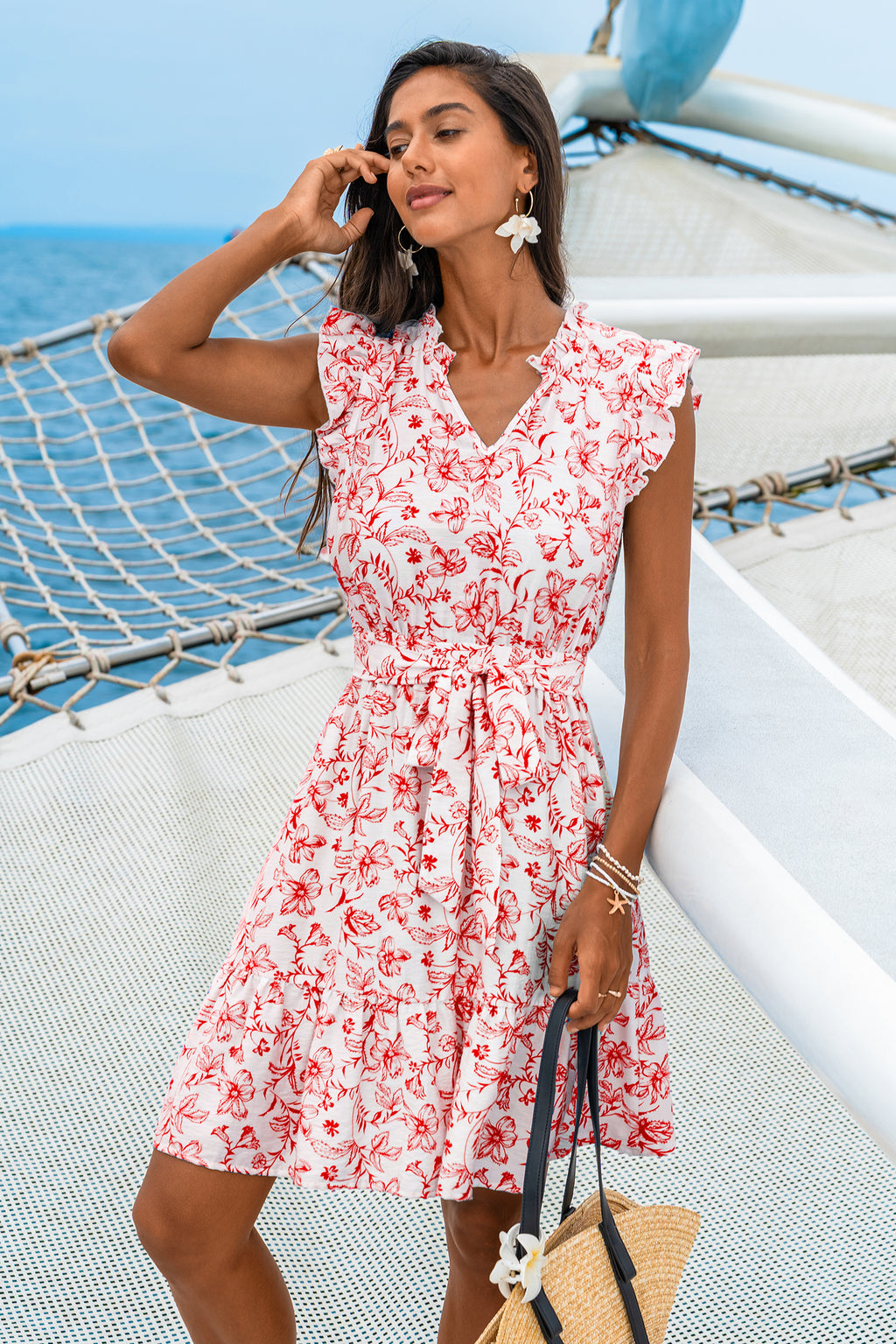 Rot Geblümtes Ärmelloses Mini-Strandkleid mit Taillenband