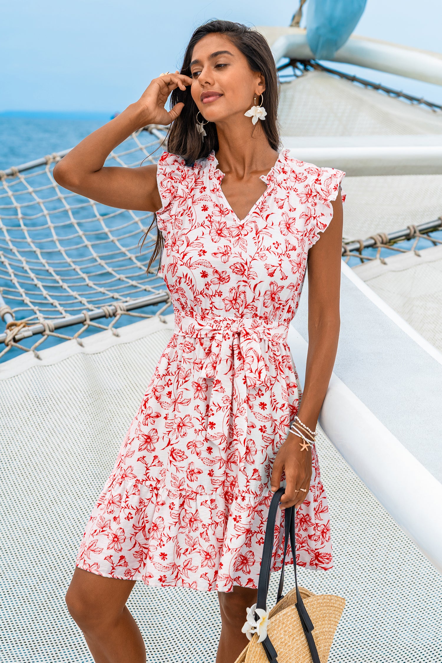 Rot Geblümtes Ärmelloses Mini-Strandkleid mit Taillenband