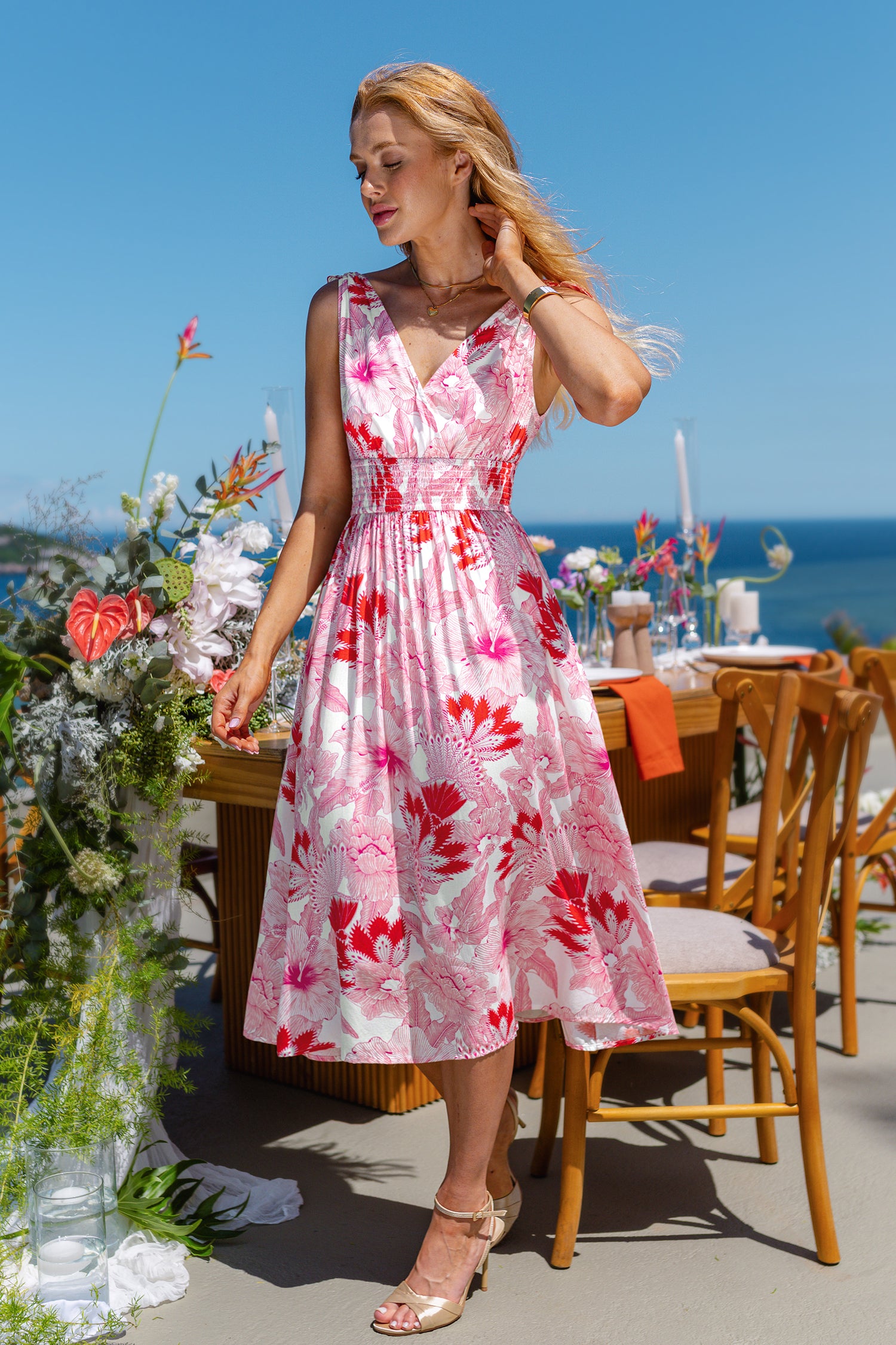 Rosa Paisley Ärmelloses Midi-Cocktailkleid in Wickeloptik