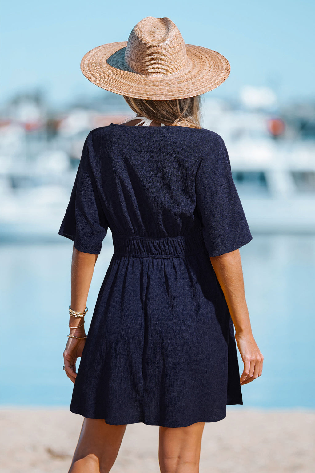 Blaues Tiefer Ausschnitt Kurzarm Mini-Strandkleid