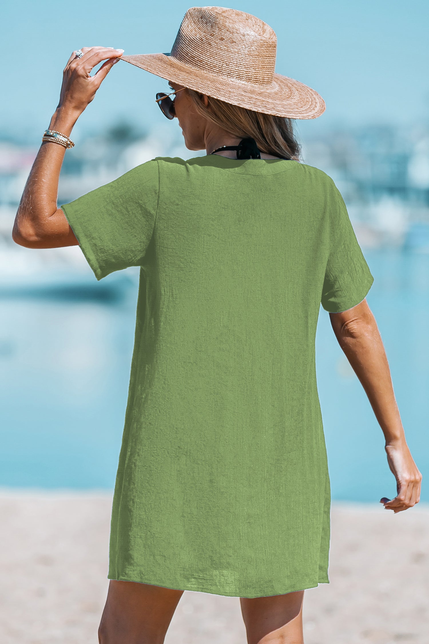Grünes Kurzarm Mini-Strandkleid