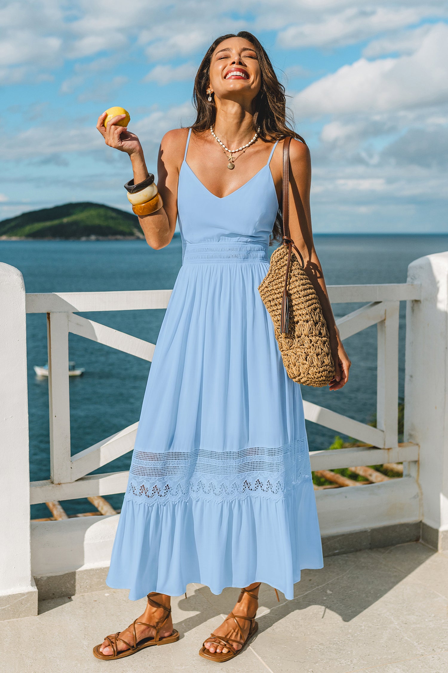 Blaues Ärmelloses V-Ausschnitt Maxi-Strandkleid