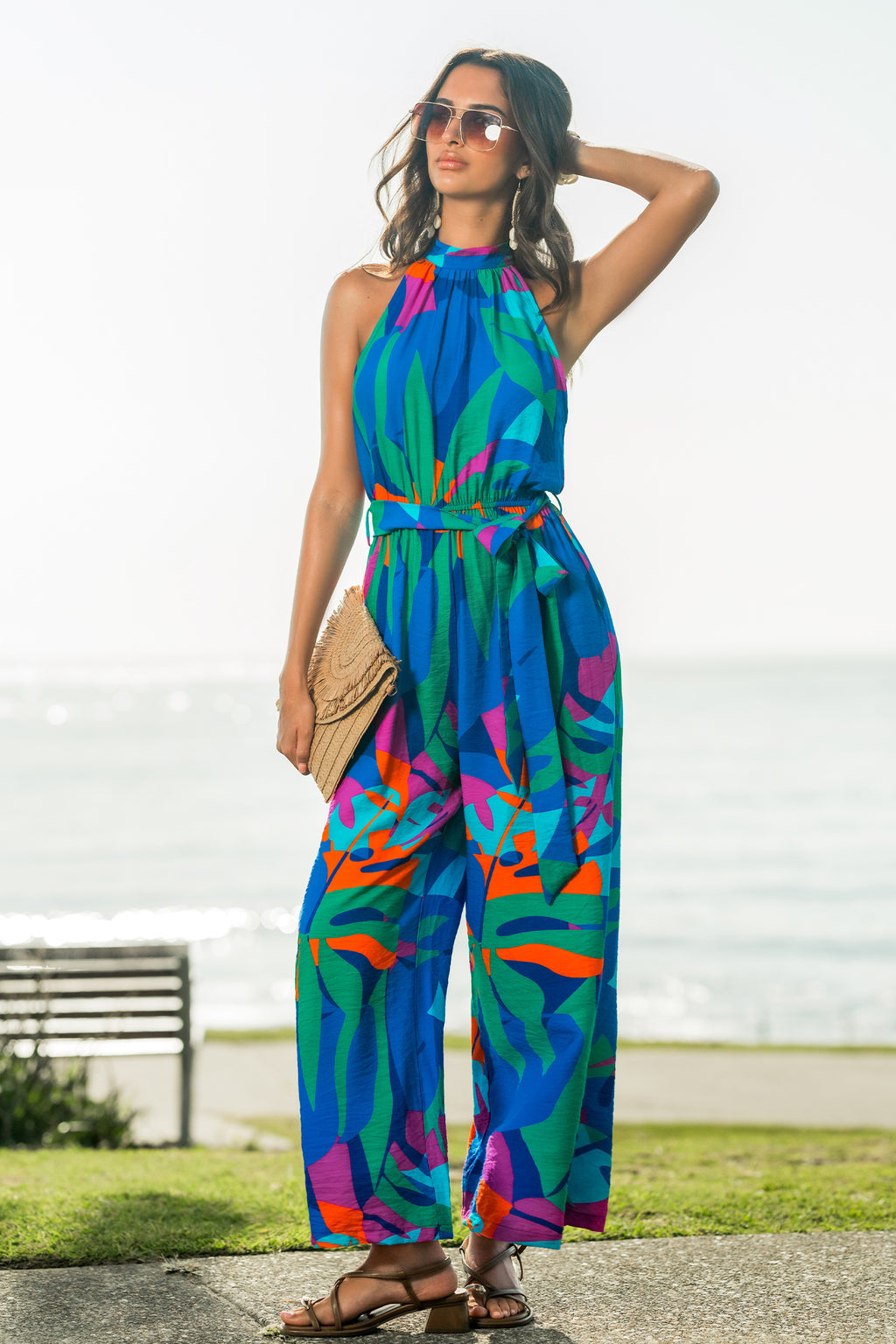 Blauer Tropischer Ärmelloser Jumpsuit mit Taillenband