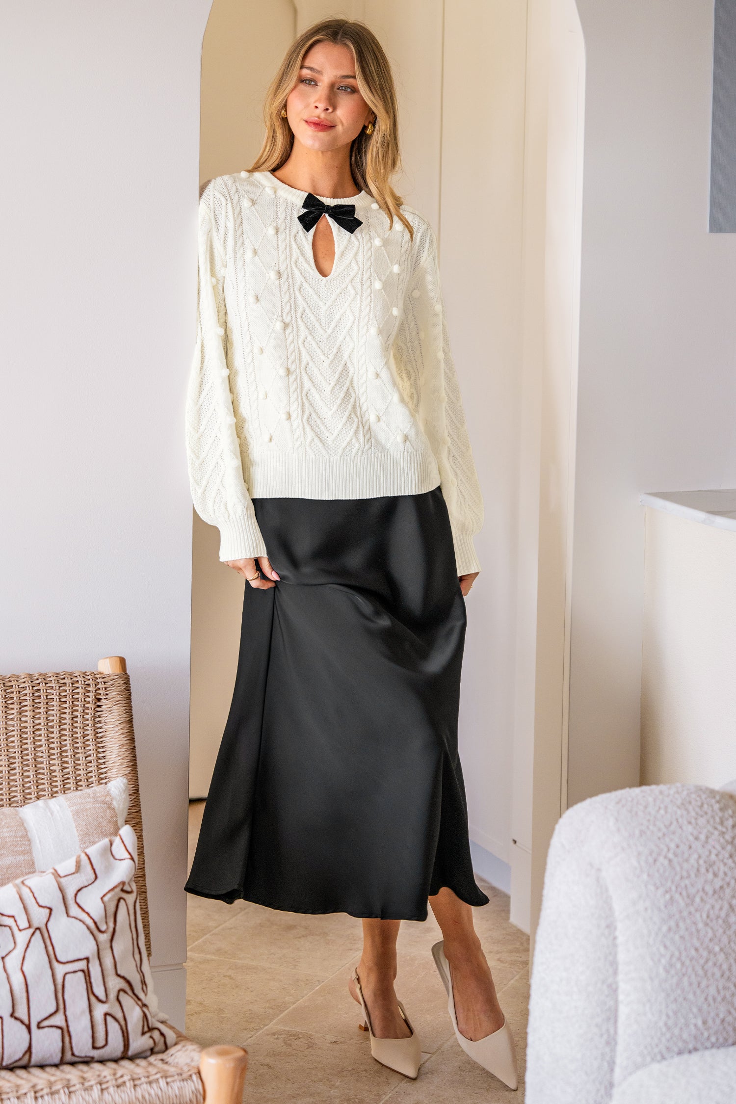 Beiger Lange Ärmel Schlüsselloch Pullover