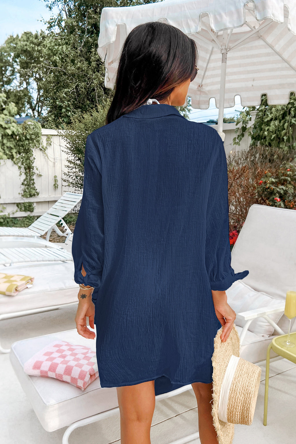 Blaues Langarm Mini-Strandkleid
