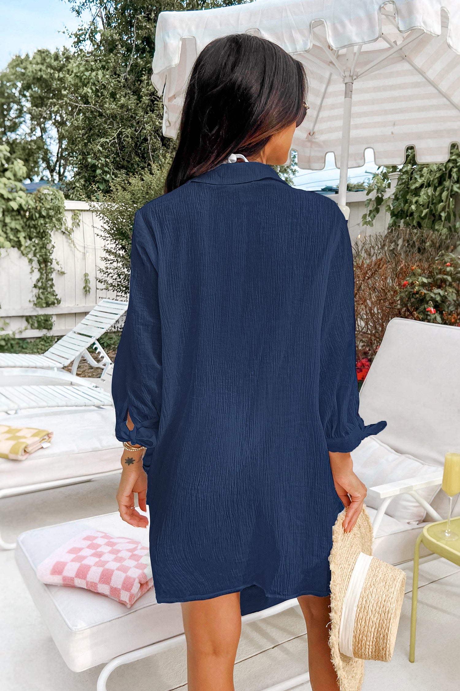 Blaues Langarm Mini-Strandkleid