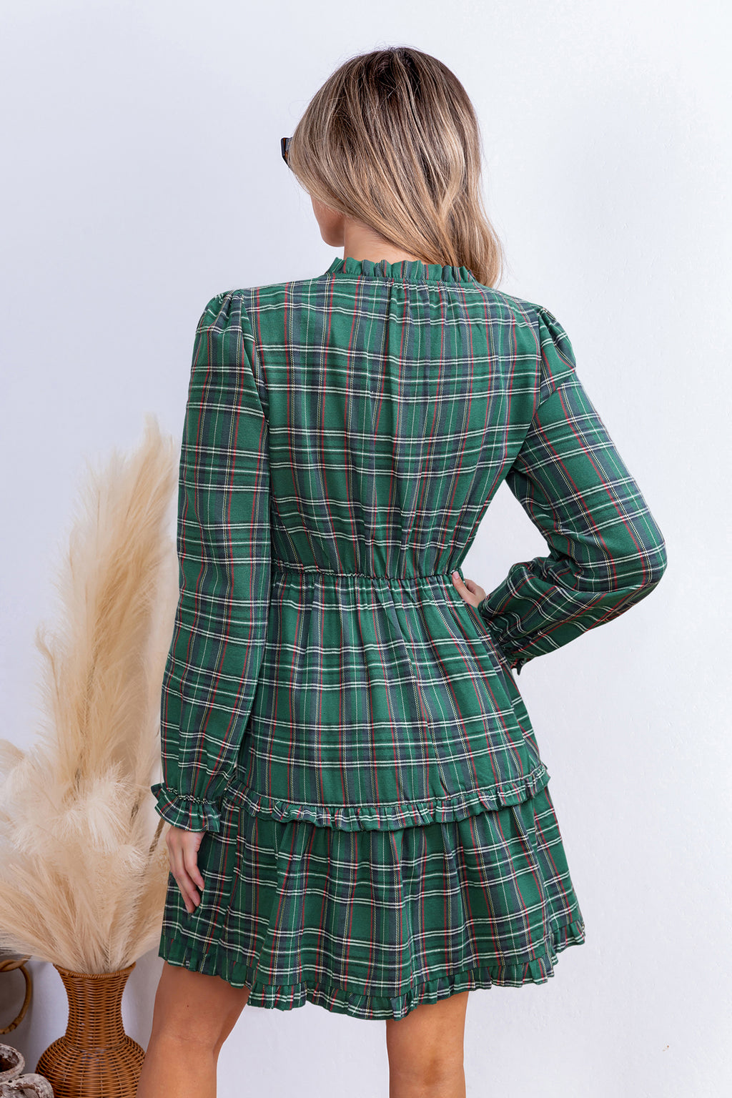 Grünes Kariertes V-Ausschnitt Minikleid